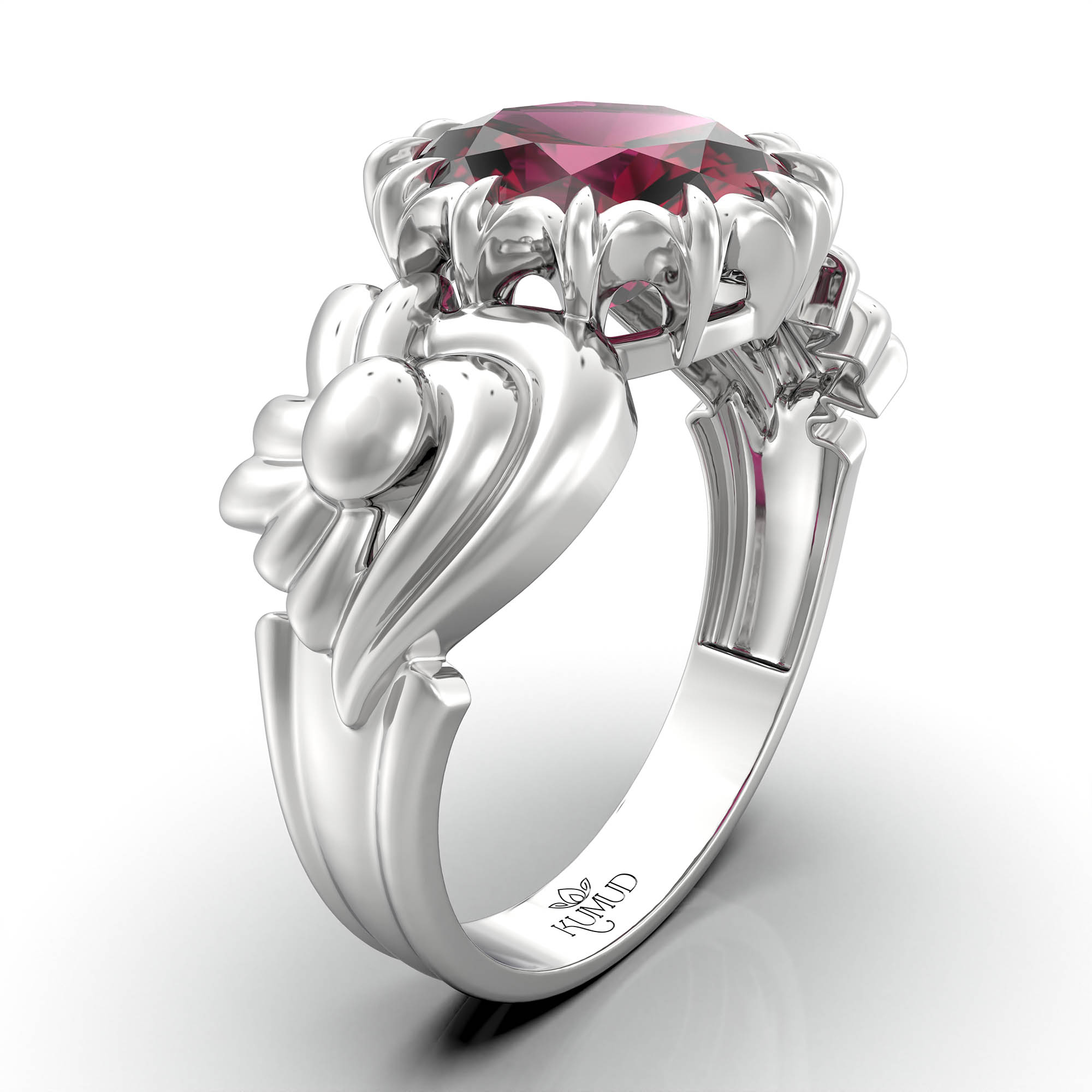 Ruby (Manik) Antique Ring for Women in 18K White Gold – Oval 9x8 mm, Prong Setting, 3 g (Design KA-2) thumbnail