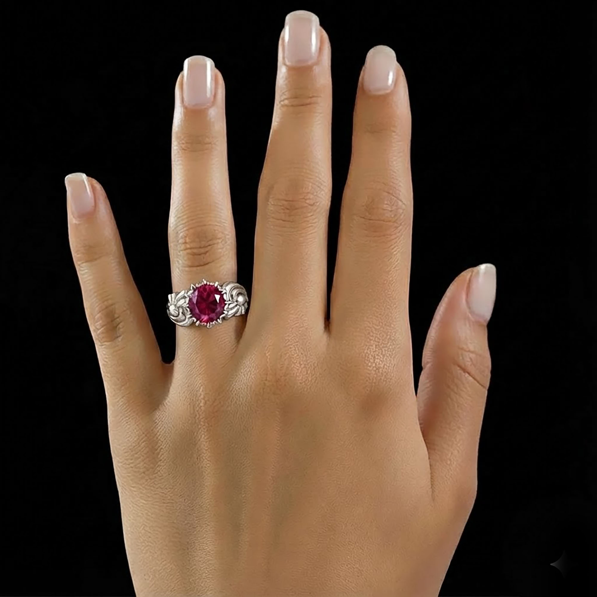 Ruby (Manik) Antique Ring for Women in 18K White Gold – Oval 9x8 mm, Prong Setting, 3 g (Design KA-2) thumbnail