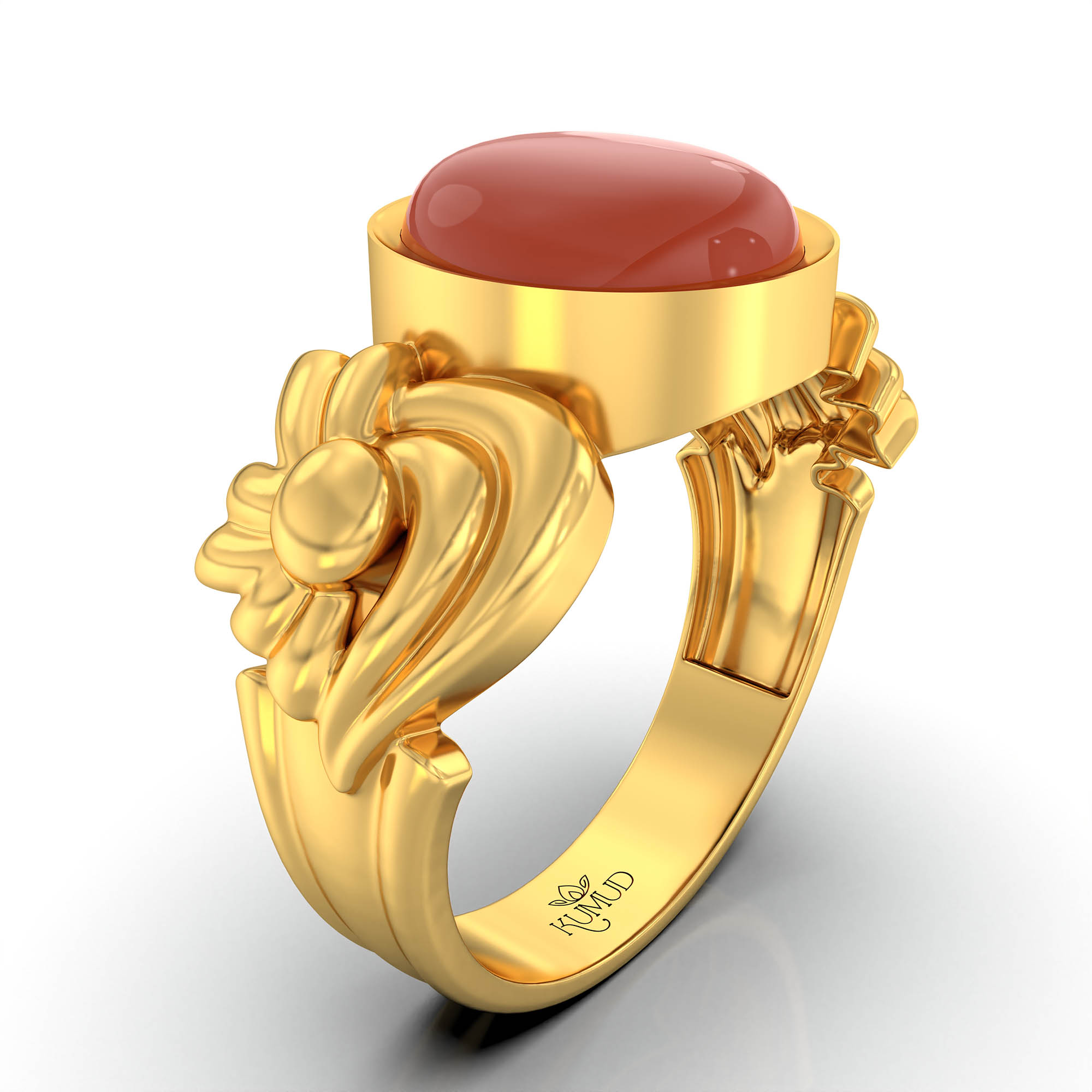 Red Coral (Moonga) Antique Ring for Women in 22K Yellow Gold – Oval Cabochon 9x8 mm, Bezel Setting, 4 g (Design KA-2) thumbnail