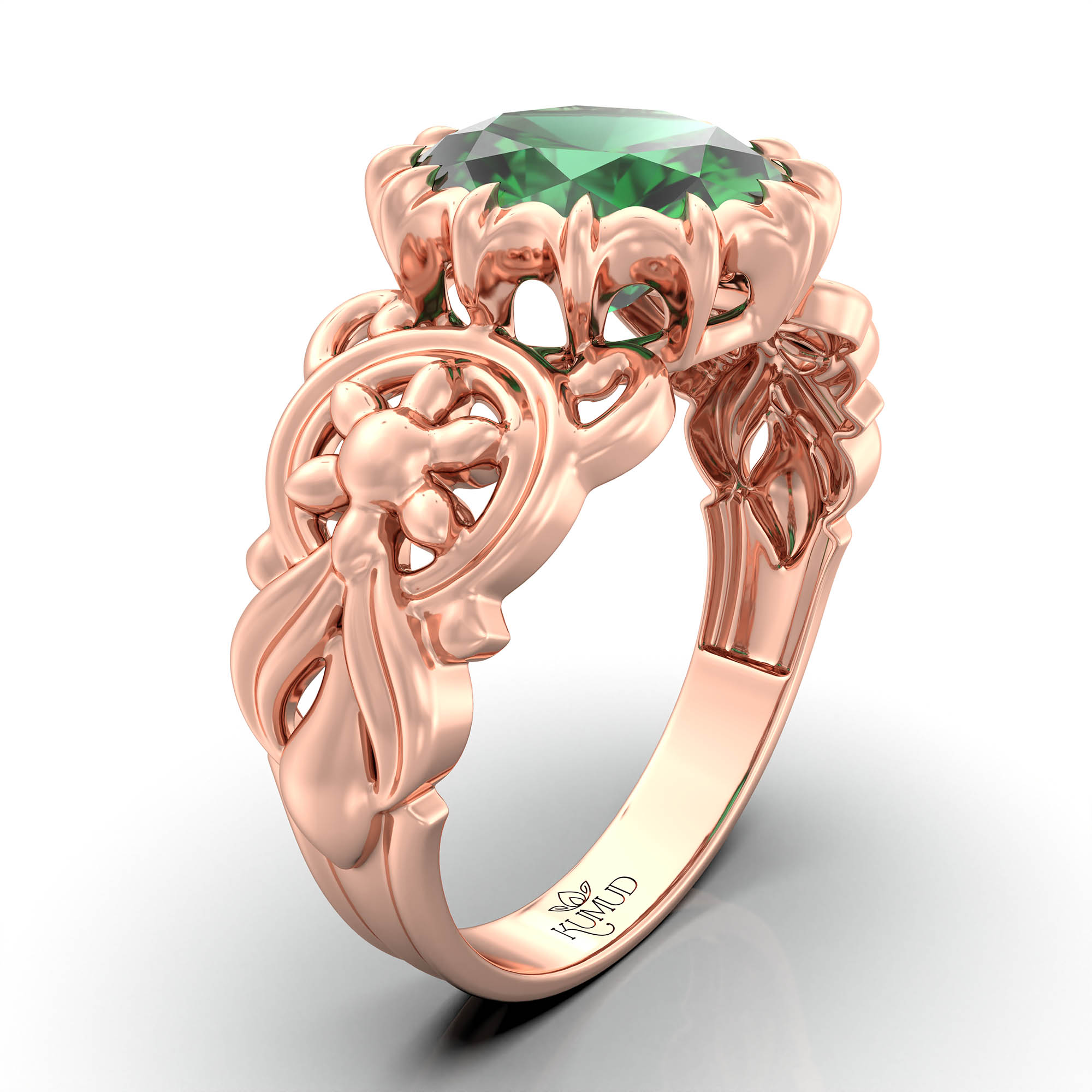Emerald (Panna) Antique Ring for Women in 18K Rose Gold – Oval 9x8 mm, Prong Setting, 3 g (Design KA-3) thumbnail