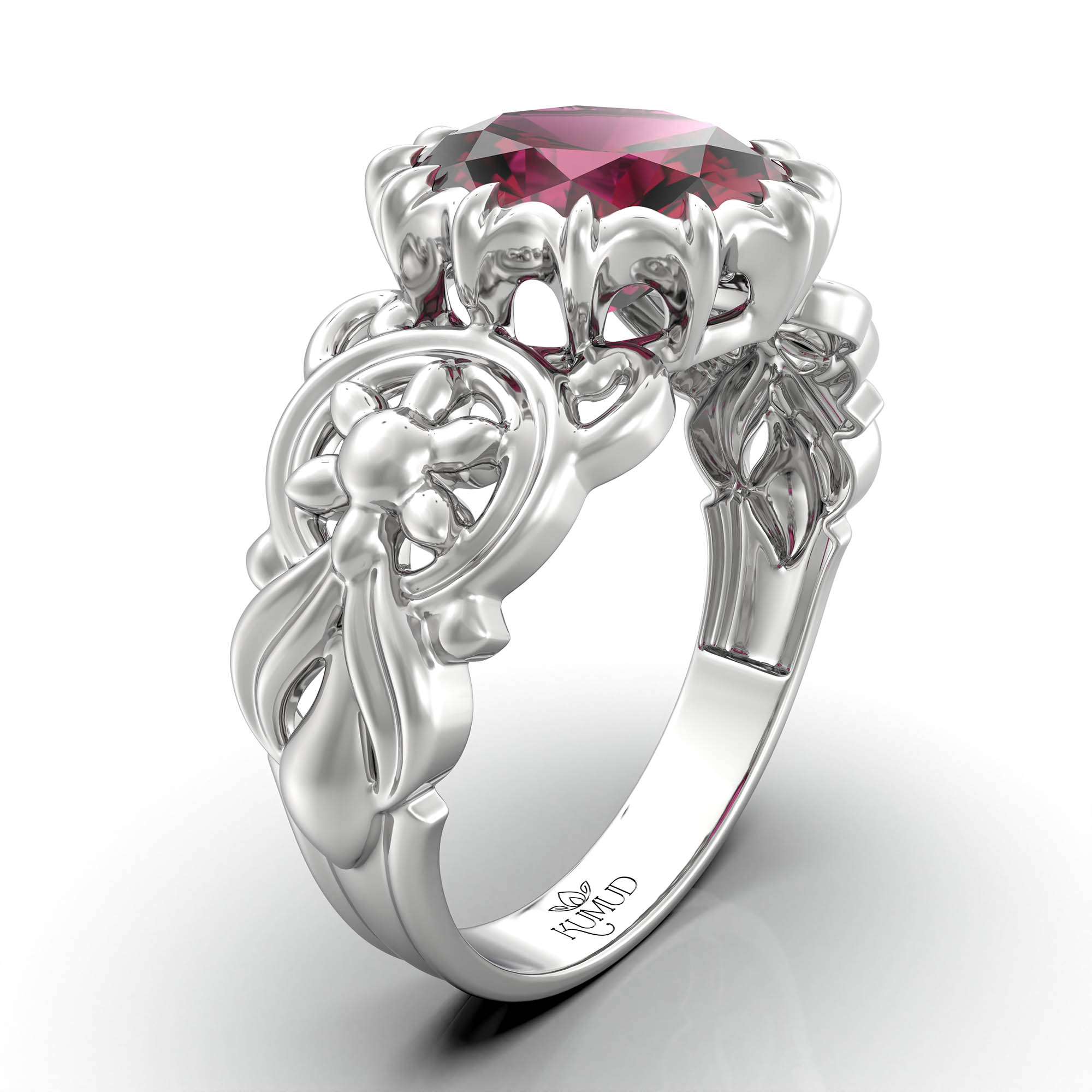 Ruby (Manik) Antique Ring for Women in 18K White Gold – Oval 9x8 mm, Prong Setting, 3 g (Design KA-3) thumbnail