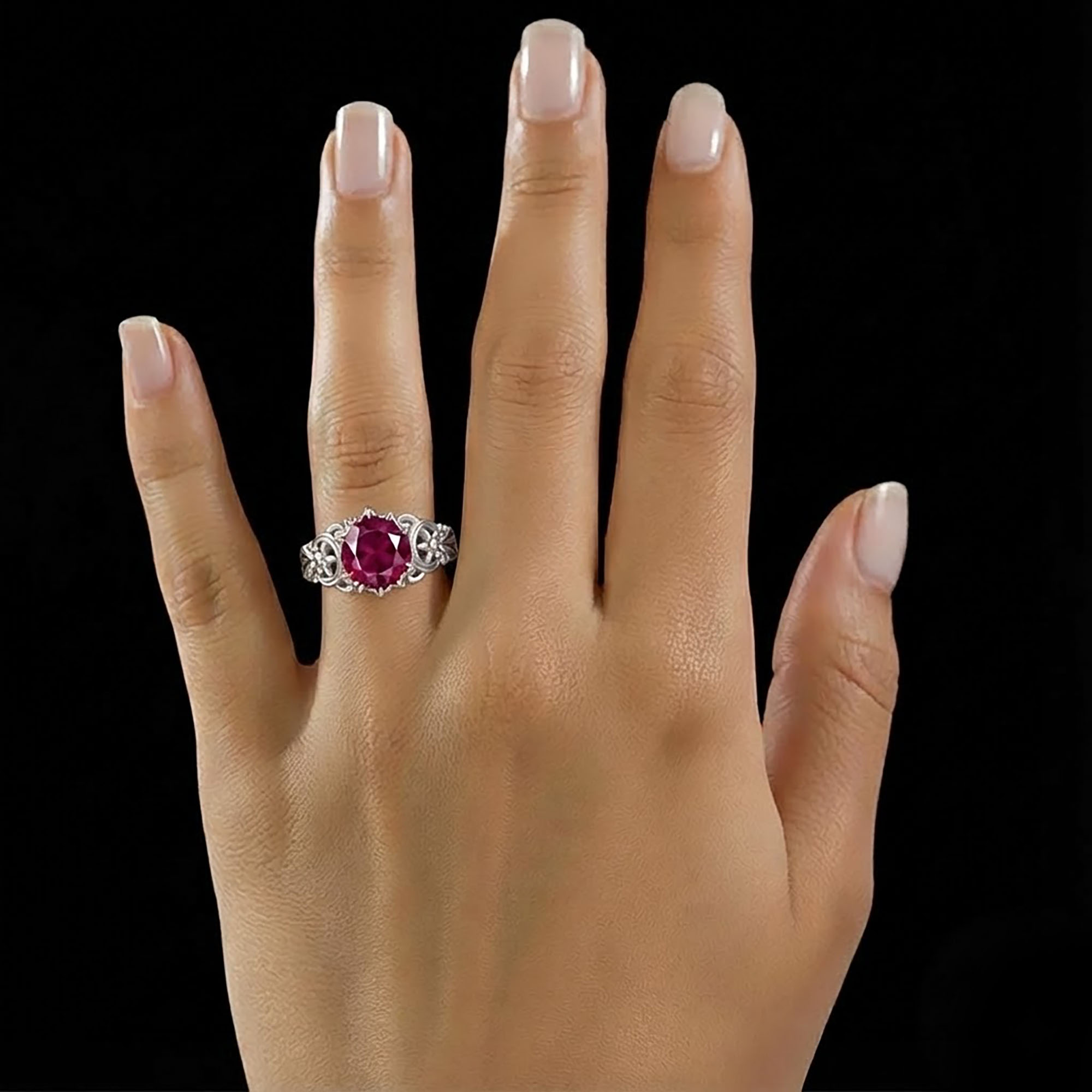 Ruby (Manik) Antique Ring for Women in 18K White Gold – Oval 9x8 mm, Prong Setting, 3 g (Design KA-3) thumbnail