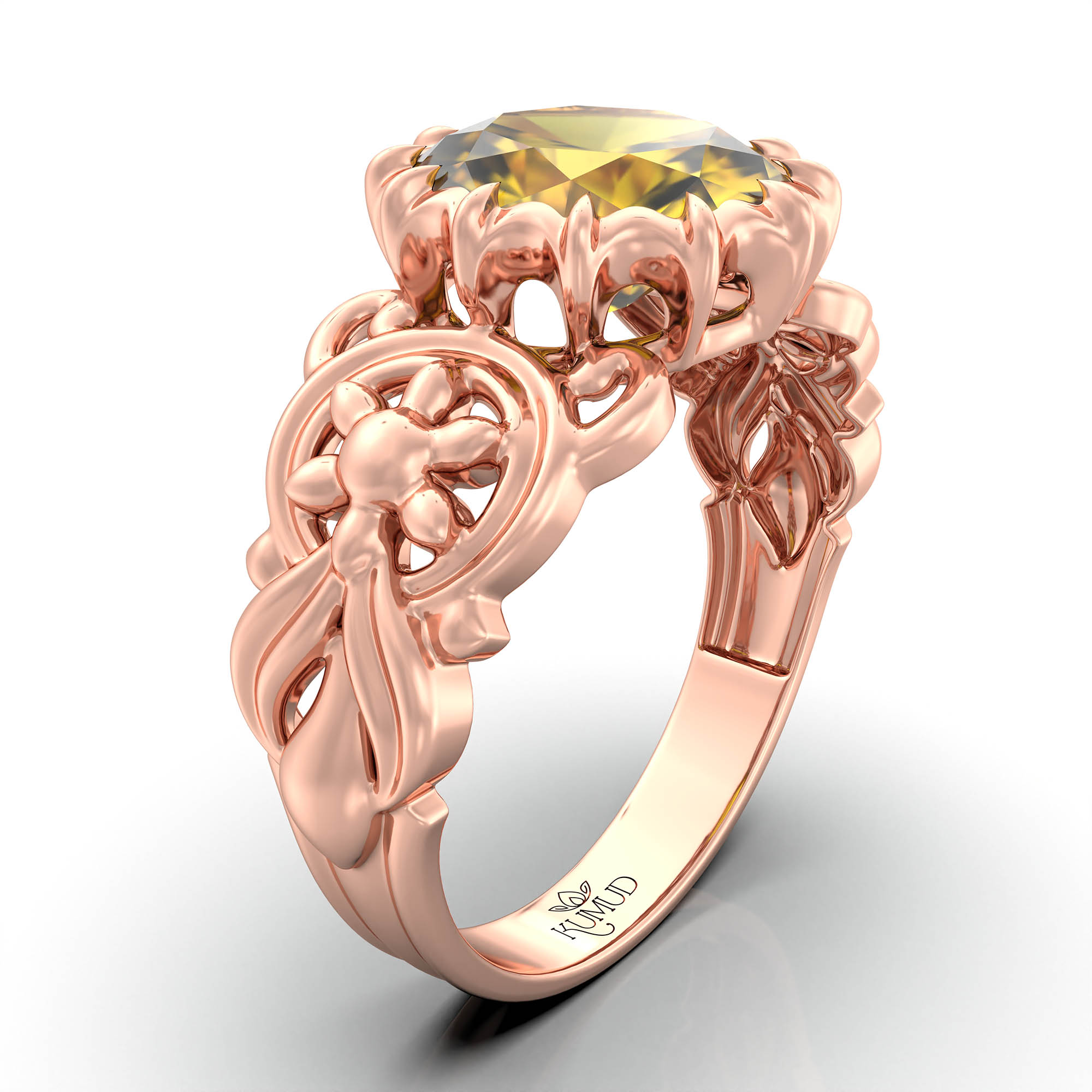 Yellow Sapphire (Pukhraj) Antique Ring for Women in 18K Rose Gold – Oval 9x8 mm, Prong Setting, 3 g (Design KA-3) thumbnail