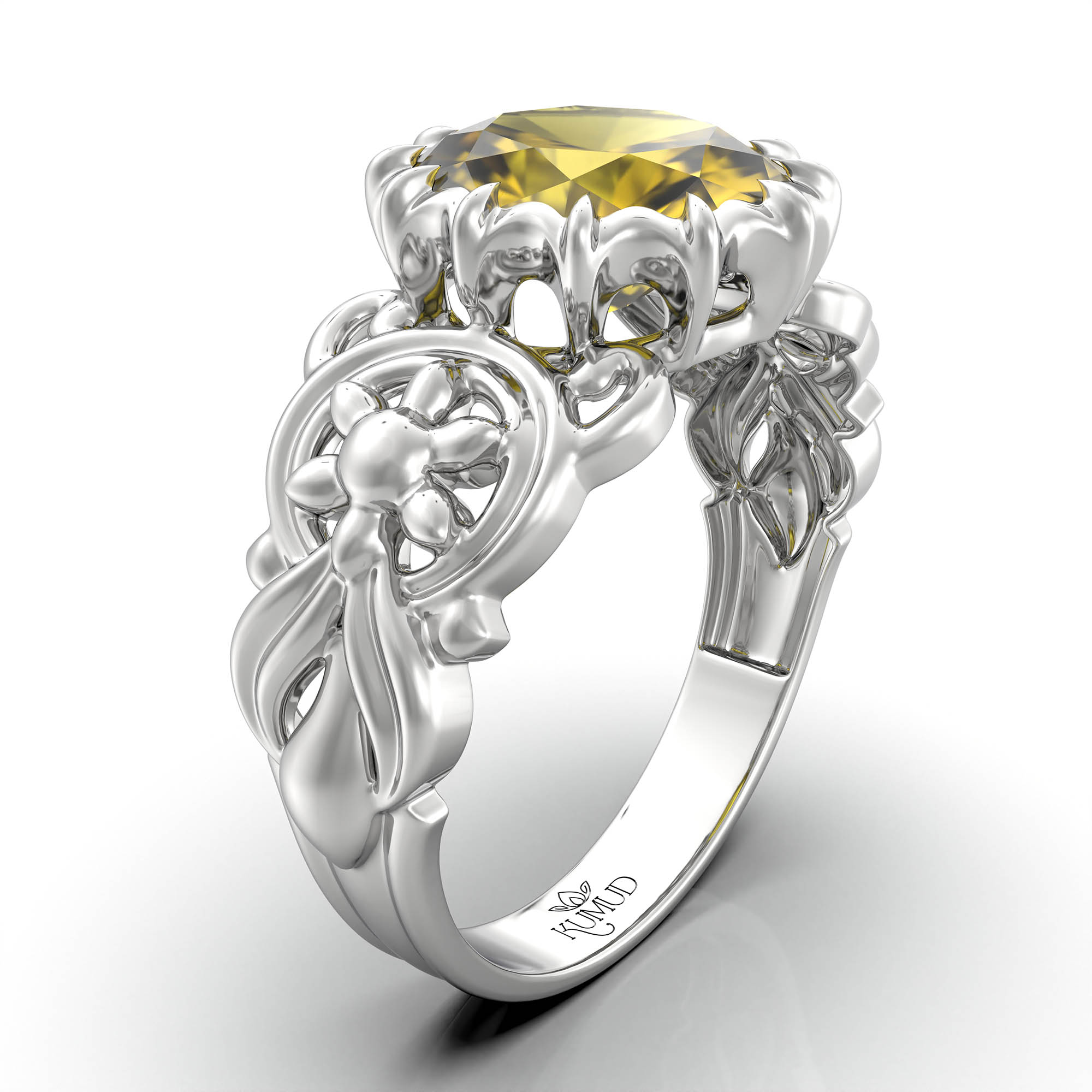 Yellow Sapphire (Pukhraj) Antique Ring for Women in 18K White Gold – Oval 9x8 mm, Prong Setting, 3 g (Design KA-3) thumbnail
