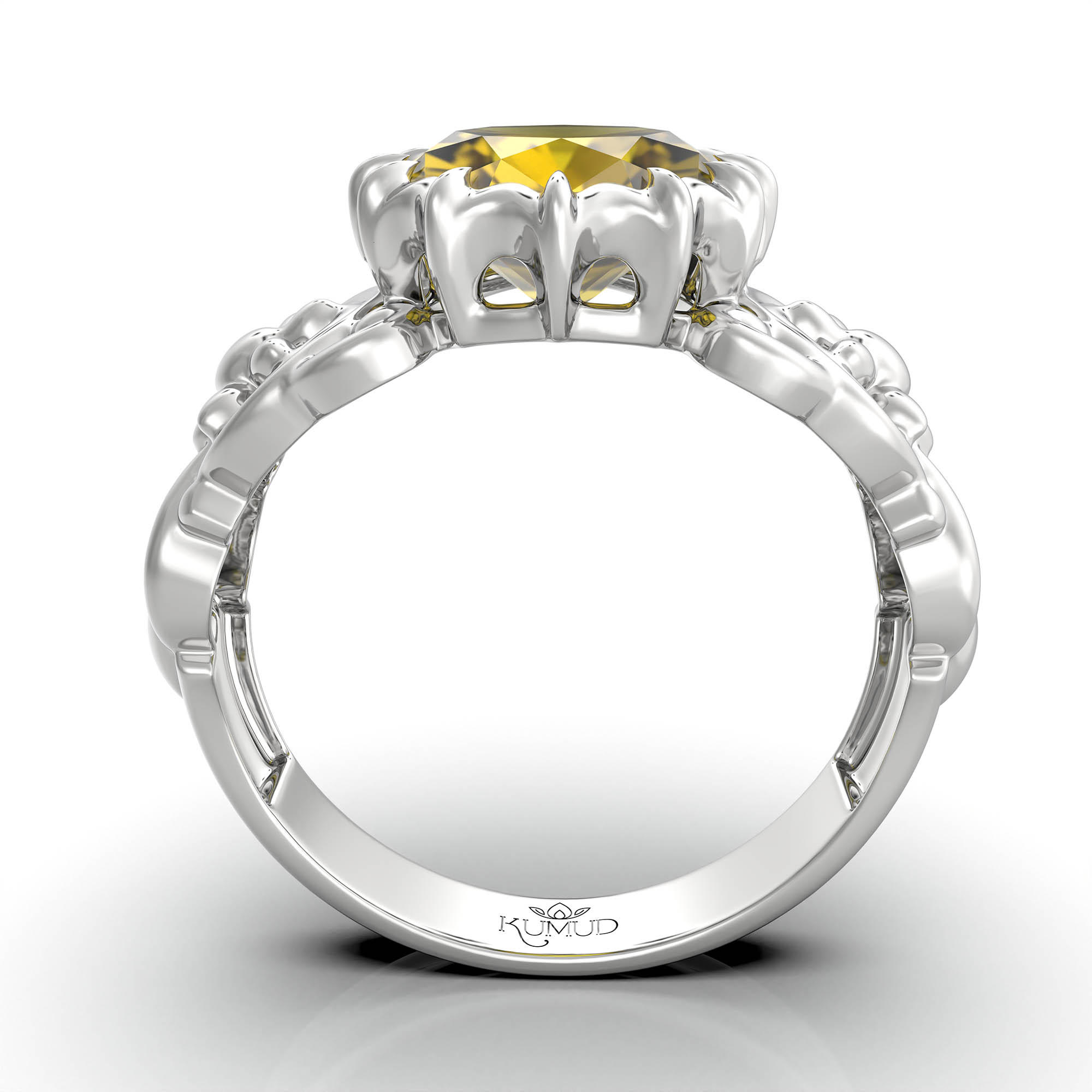 Yellow Sapphire (Pukhraj) Antique Ring for Women in 18K White Gold – Oval 9x8 mm, Prong Setting, 3 g (Design KA-3) thumbnail