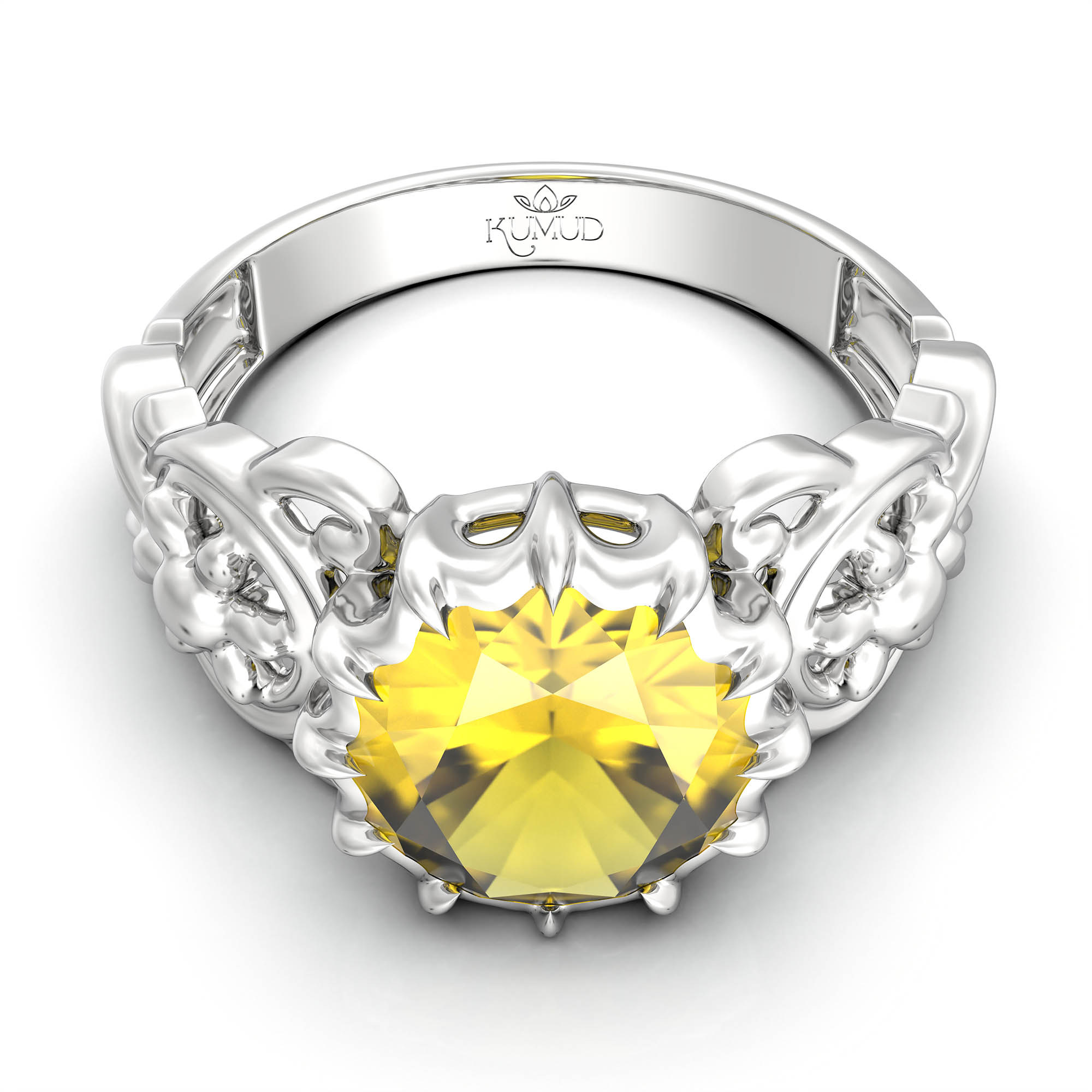 Yellow Sapphire (Pukhraj) Antique Ring for Women in 18K White Gold – Oval 9x8 mm, Prong Setting, 3 g (Design KA-3) thumbnail