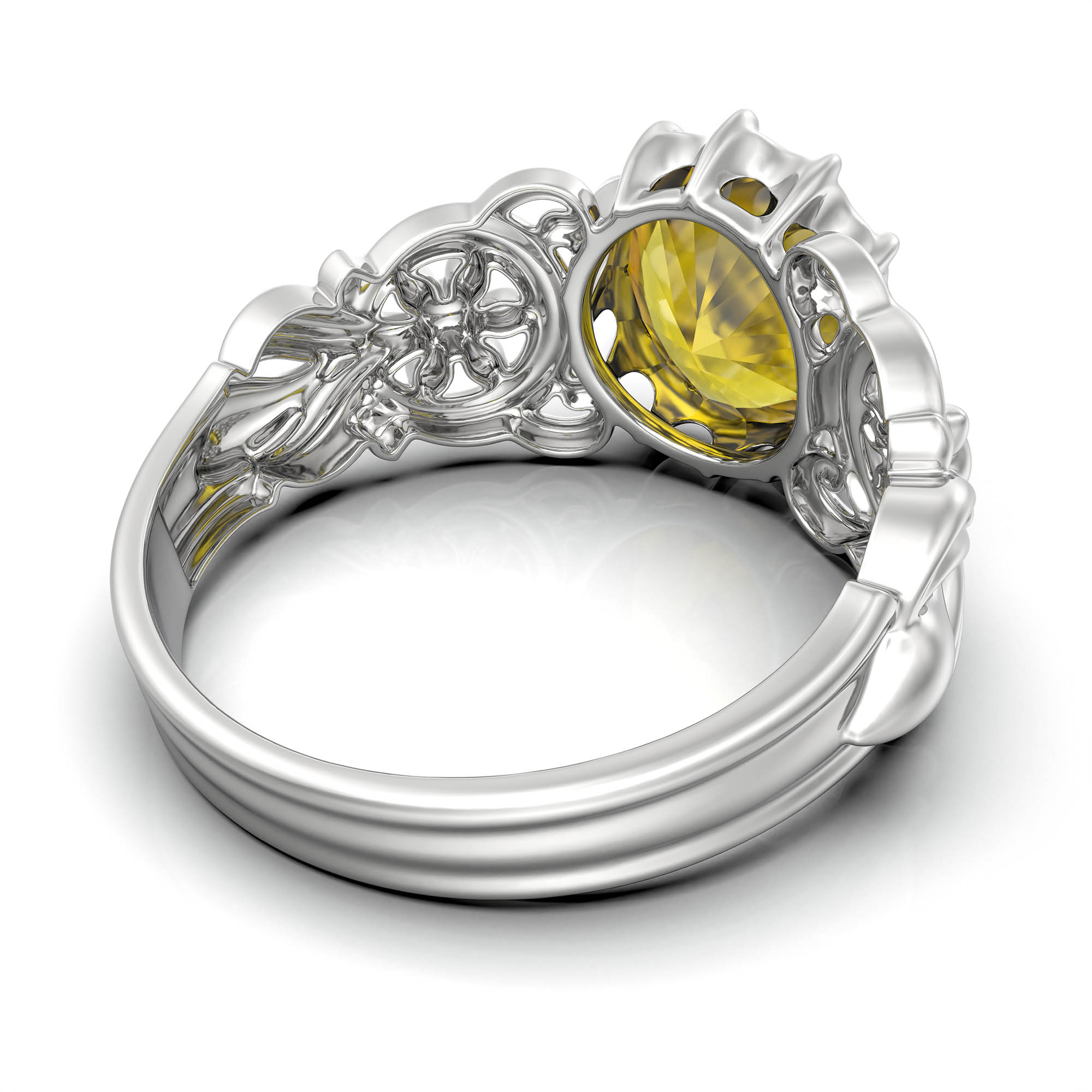 Yellow Sapphire (Pukhraj) Antique Ring for Women in 18K White Gold – Oval 9x8 mm, Prong Setting, 3 g (Design KA-3) thumbnail