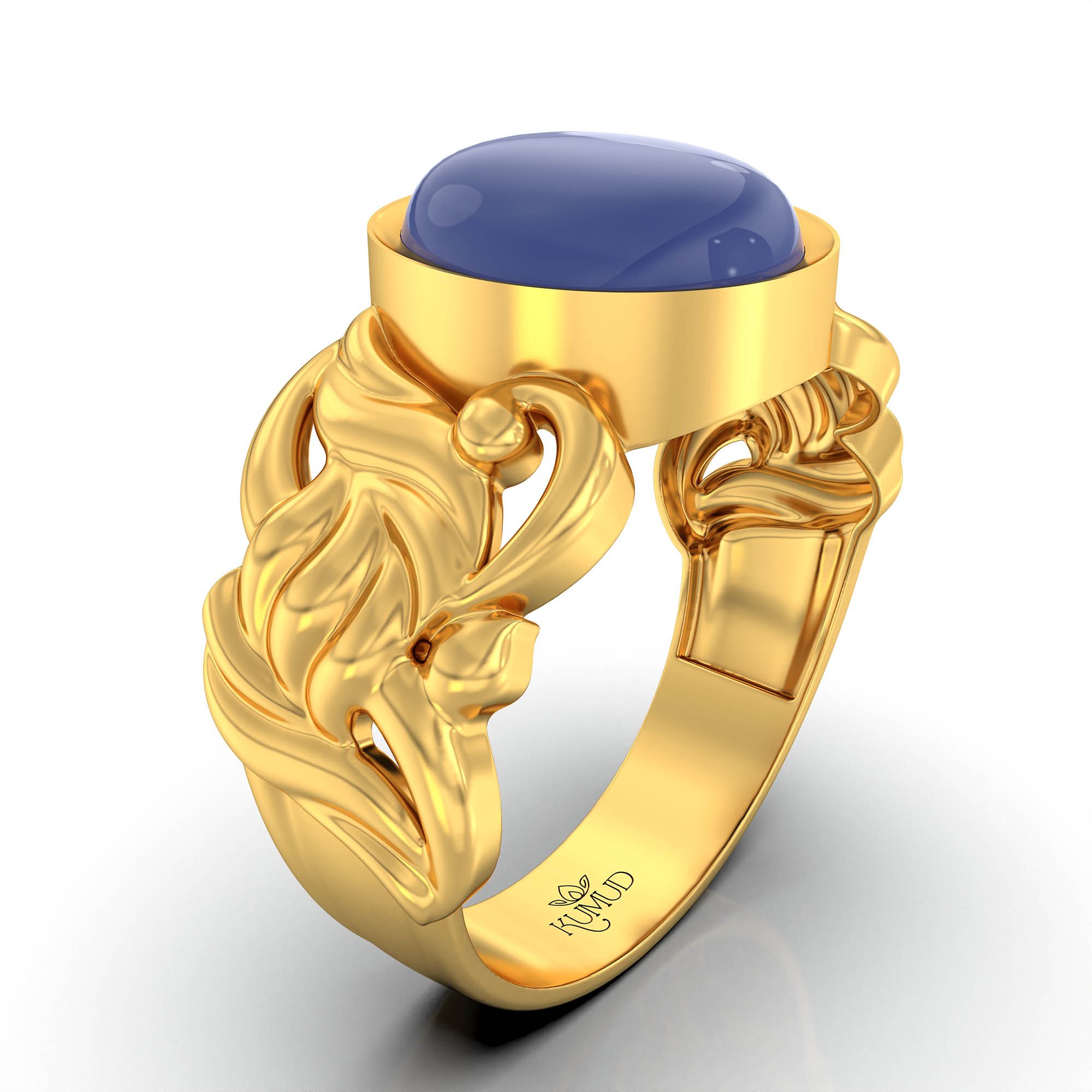 Blue Sapphire (Neelam) Antique Ring for Women in 22K Yellow Gold – Oval Cabochon 9x8 mm, Bezel Setting, 4 g (Design KA-4) thumbnail