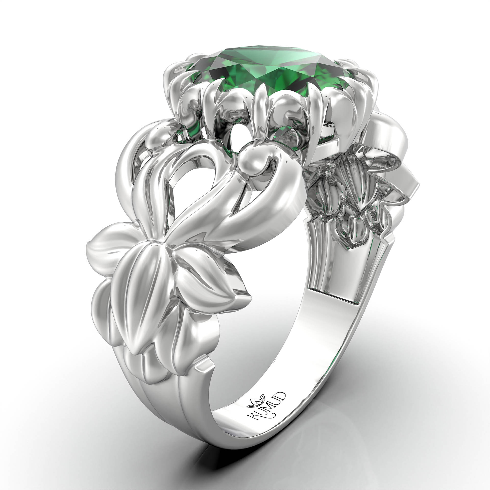 Emerald (Panna) Antique Ring for Women in 18K White Gold – Oval 9x8 mm, Prong Setting, 3 g (Design KA-5) thumbnail