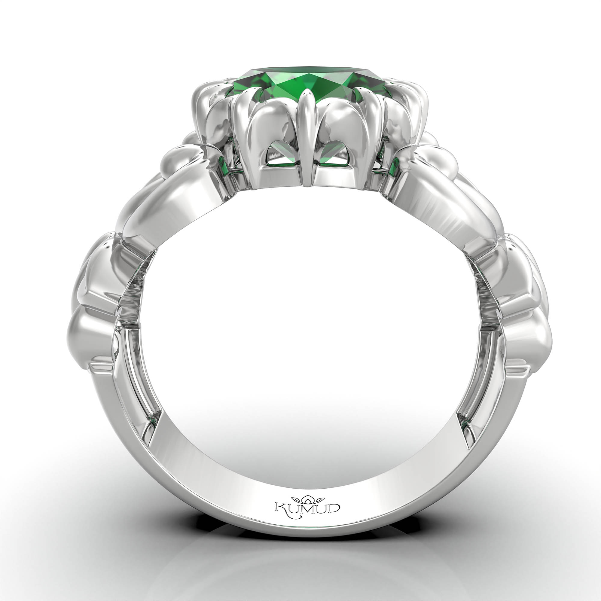 Emerald (Panna) Antique Ring for Women in 18K White Gold – Oval 9x8 mm, Prong Setting, 3 g (Design KA-5) thumbnail