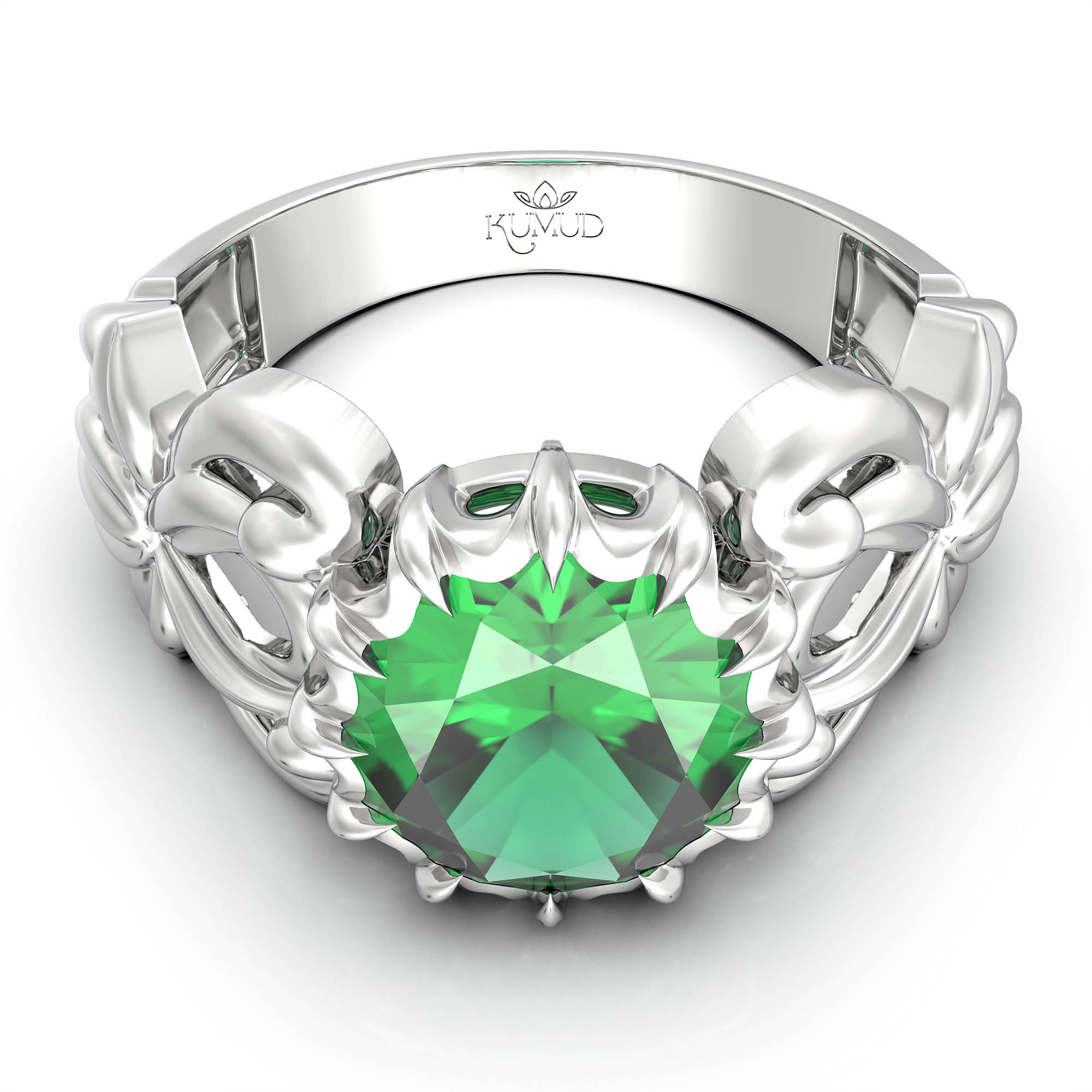 Emerald (Panna) Antique Ring for Women in 18K White Gold – Oval 9x8 mm, Prong Setting, 3 g (Design KA-5) thumbnail