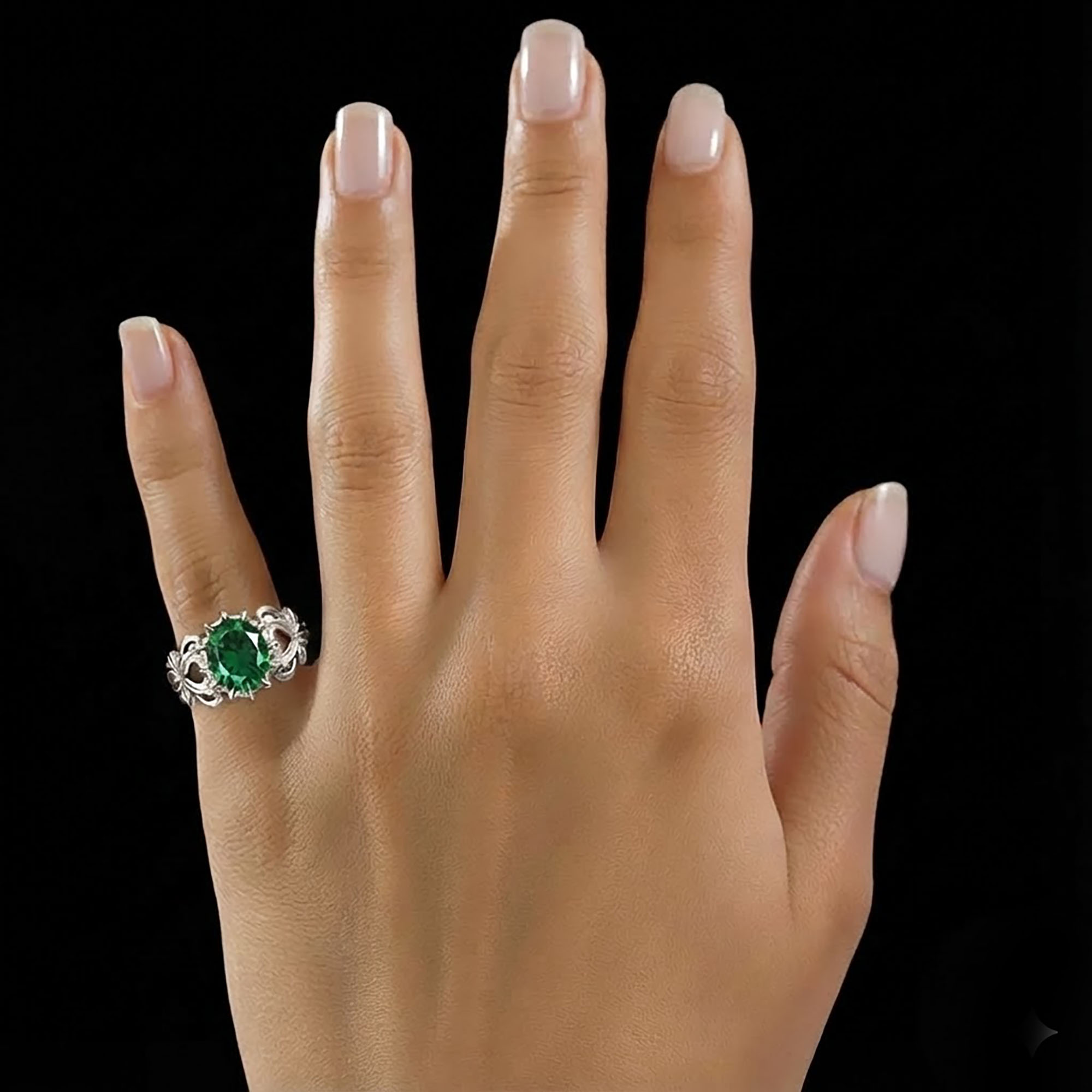 Emerald (Panna) Antique Ring for Women in 18K White Gold – Oval 9x8 mm, Prong Setting, 3 g (Design KA-5) thumbnail