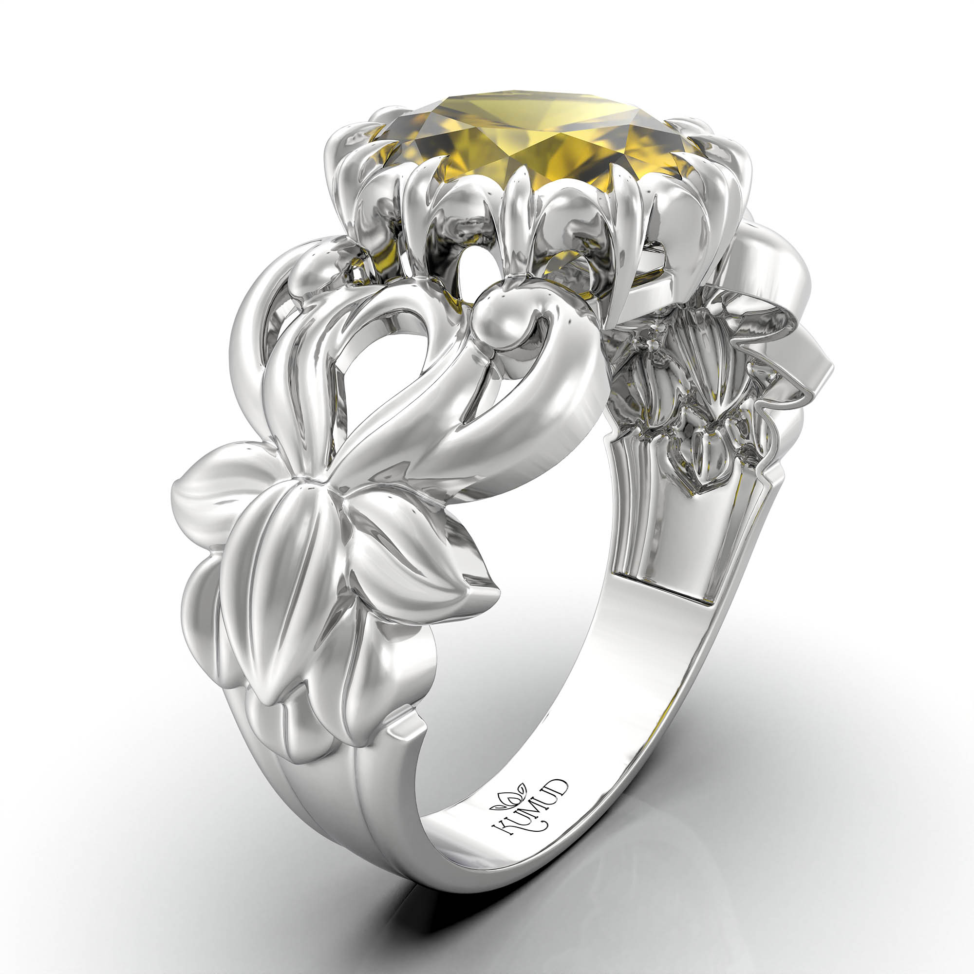 Yellow Sapphire (Pukhraj) Antique Ring for Women in 18K White Gold – Oval 9x8 mm, Prong Setting, 3 g (Design KA-5) thumbnail