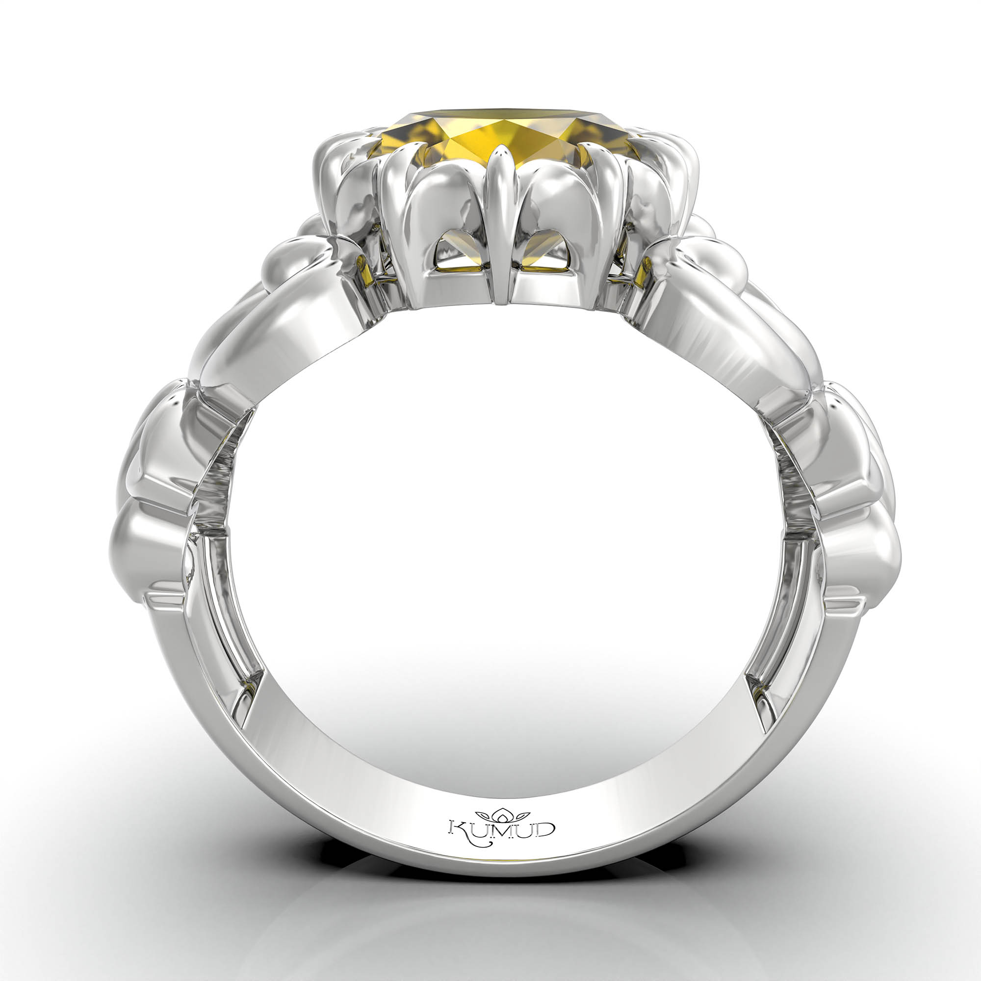 Yellow Sapphire (Pukhraj) Antique Ring for Women in 18K White Gold – Oval 9x8 mm, Prong Setting, 3 g (Design KA-5) thumbnail