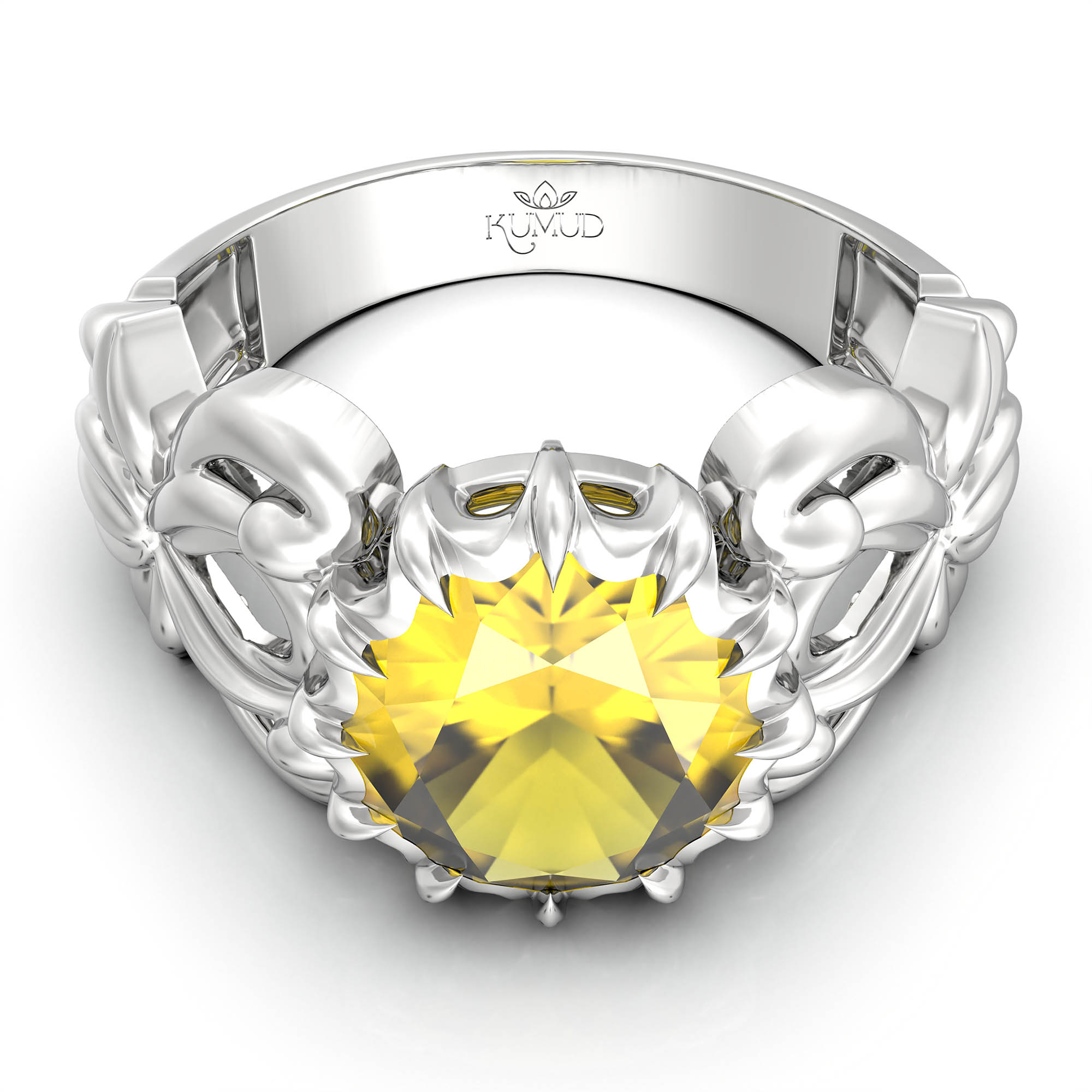 Yellow Sapphire (Pukhraj) Antique Ring for Women in 18K White Gold – Oval 9x8 mm, Prong Setting, 3 g (Design KA-5) thumbnail