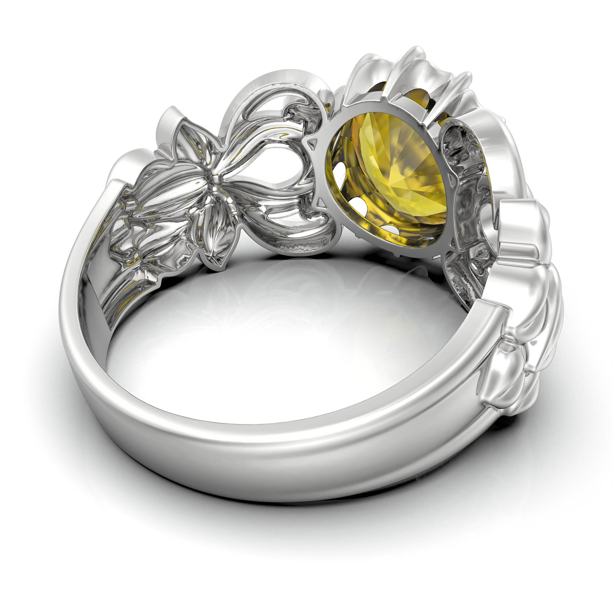 Yellow Sapphire (Pukhraj) Antique Ring for Women in 18K White Gold – Oval 9x8 mm, Prong Setting, 3 g (Design KA-5) thumbnail