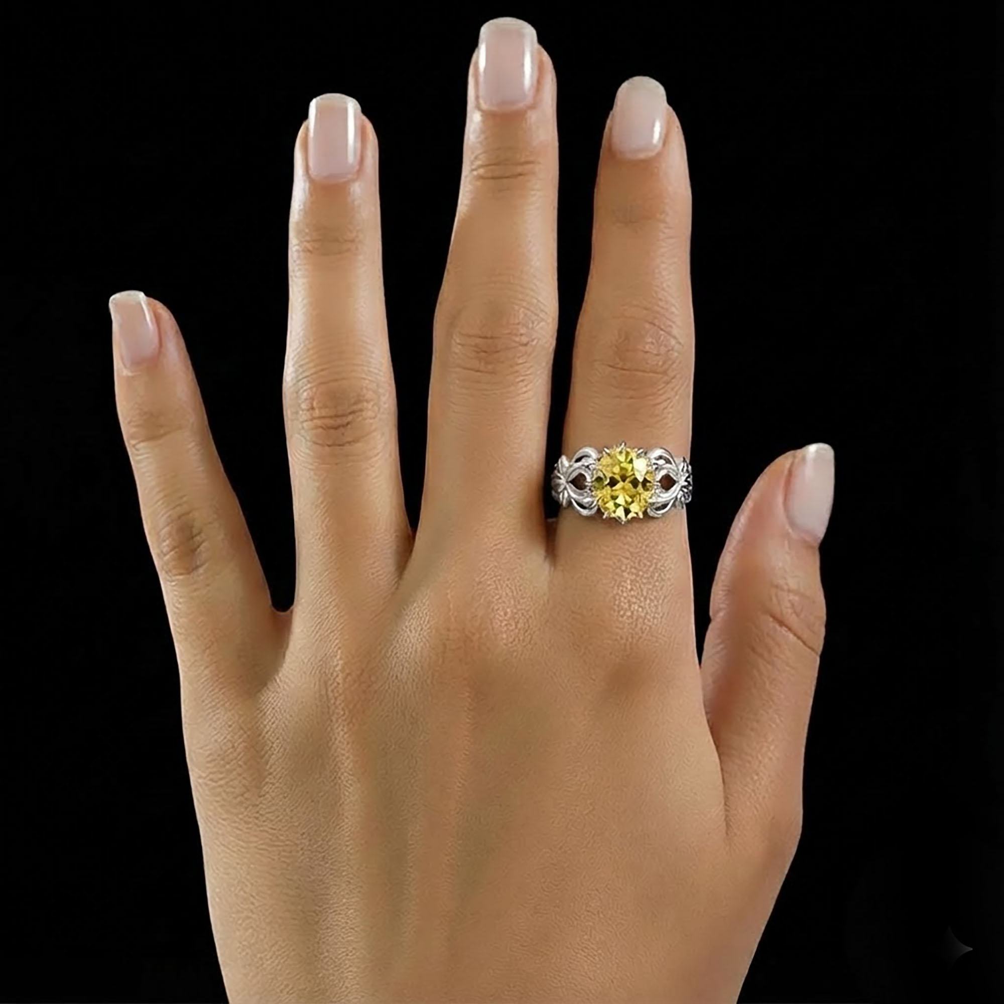 Yellow Sapphire (Pukhraj) Antique Ring for Women in 18K White Gold – Oval 9x8 mm, Prong Setting, 3 g (Design KA-5) thumbnail