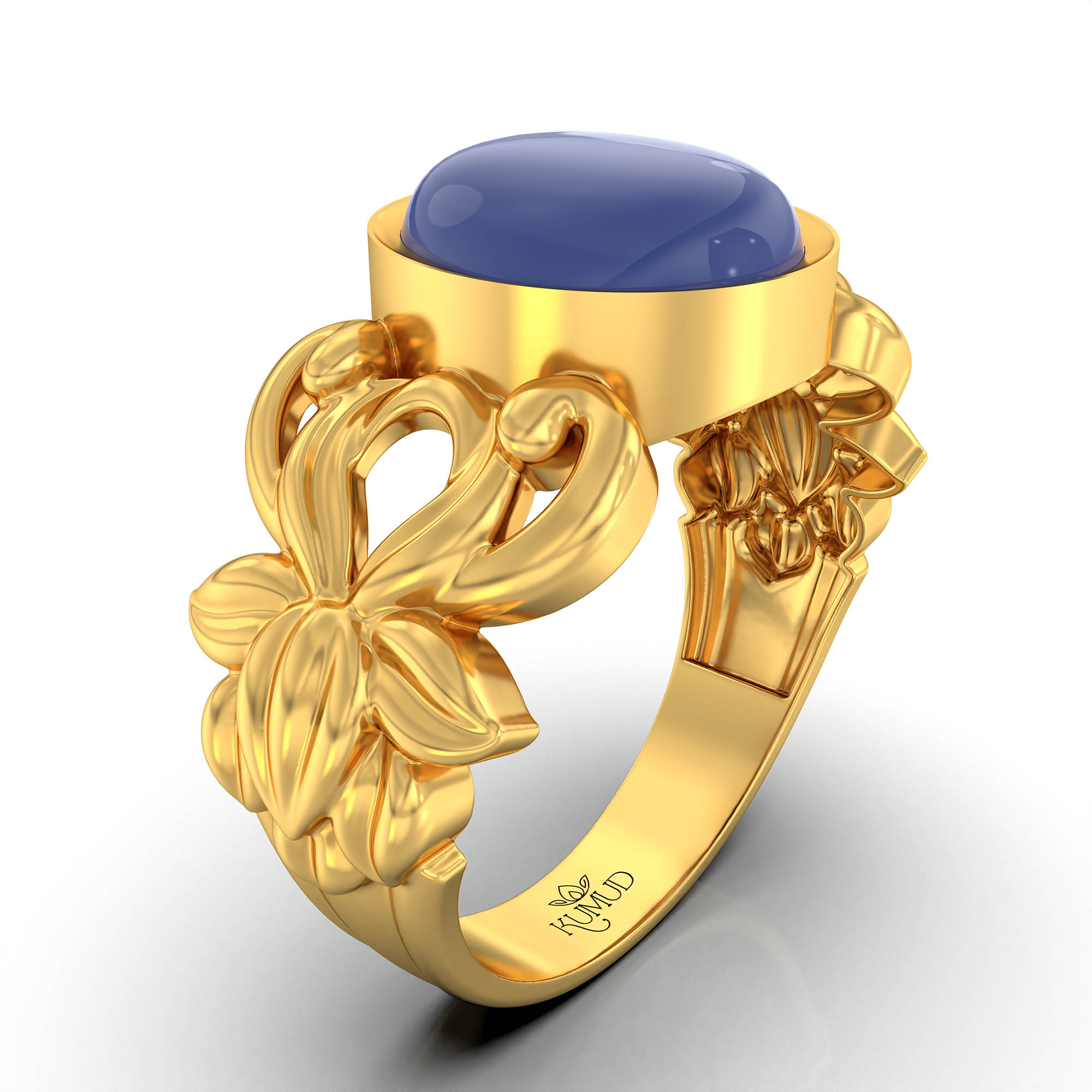 Blue Sapphire (Neelam) Antique Ring for Women in 22K Yellow Gold – Oval Cabochon 9x8 mm, Bezel Setting, 4 g (Design KA-5) thumbnail