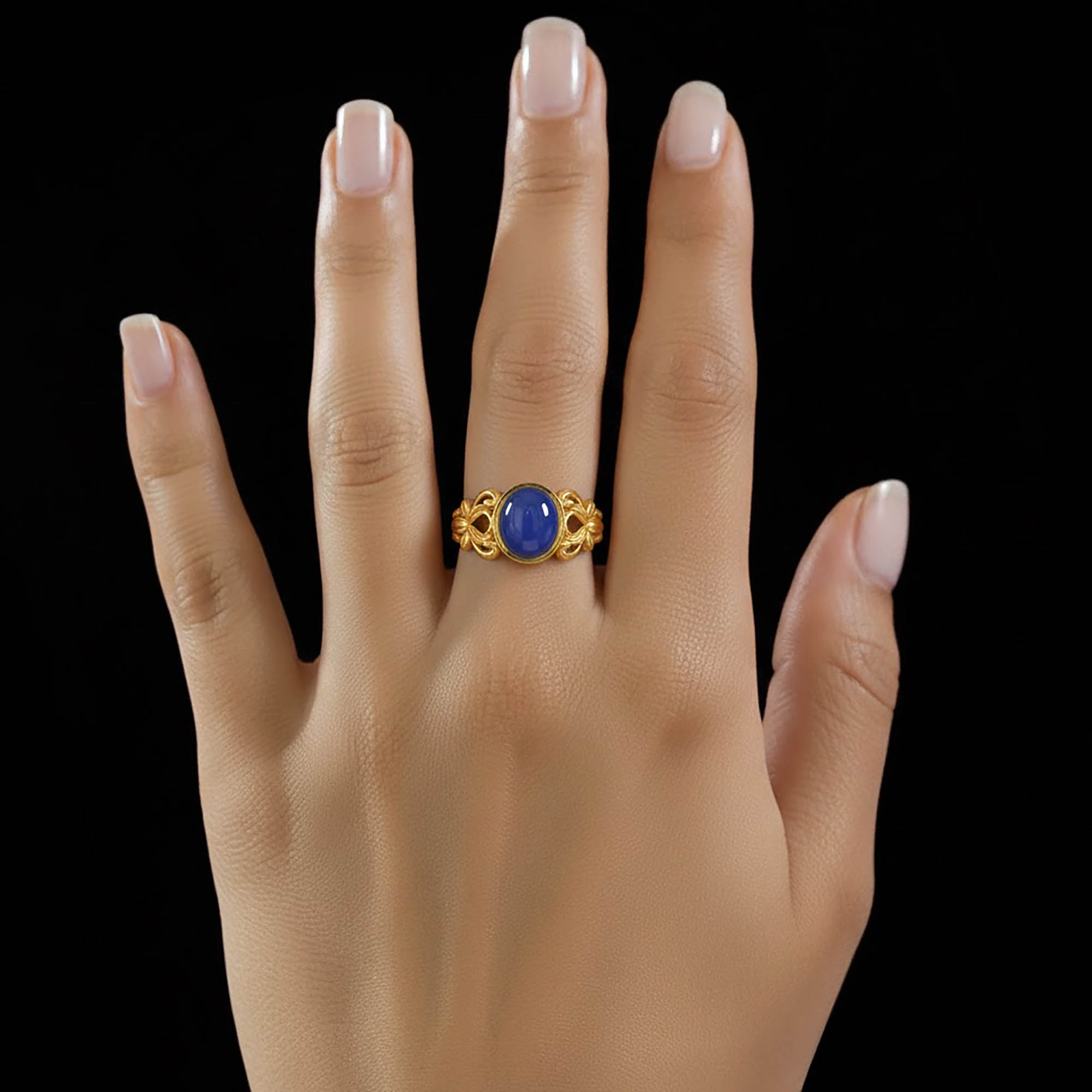 Blue Sapphire (Neelam) Antique Ring for Women in 22K Yellow Gold – Oval Cabochon 9x8 mm, Bezel Setting, 4 g (Design KA-5) thumbnail