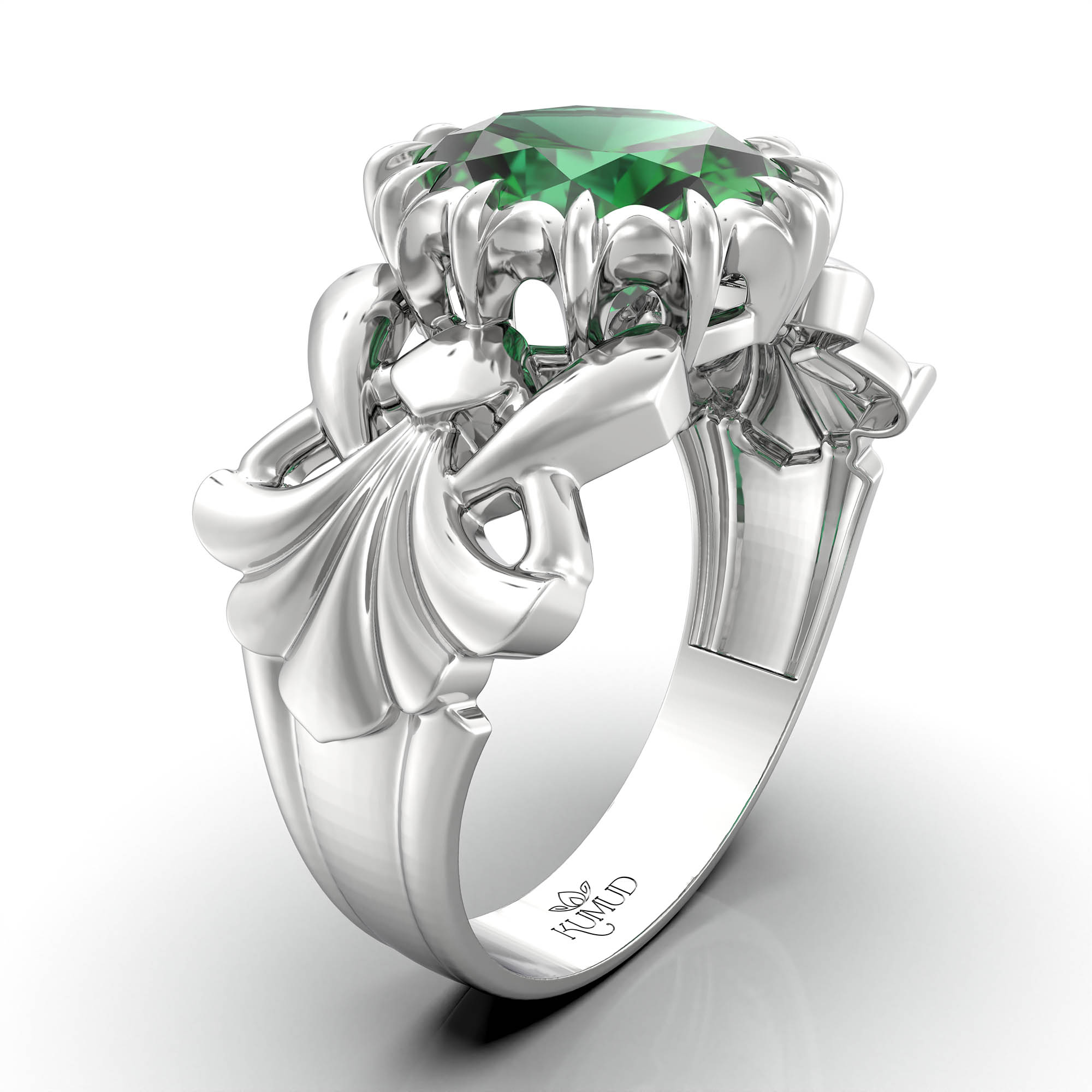 Emerald (Panna) Antique Ring for Women in 18K White Gold – Oval 9x8 mm, Prong Setting, 3 g (Design KA-6) thumbnail