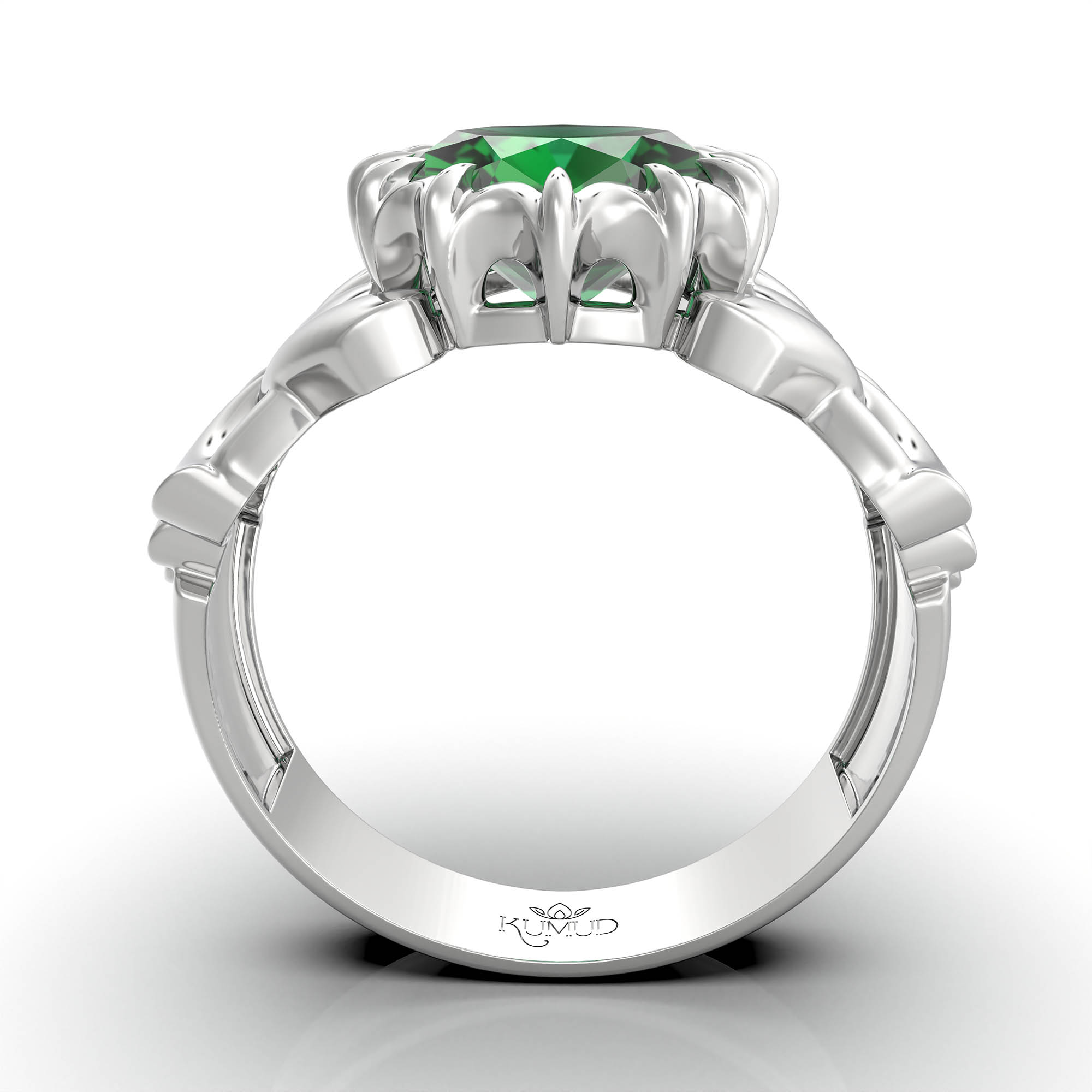 Emerald (Panna) Antique Ring for Women in 18K White Gold – Oval 9x8 mm, Prong Setting, 3 g (Design KA-6) thumbnail