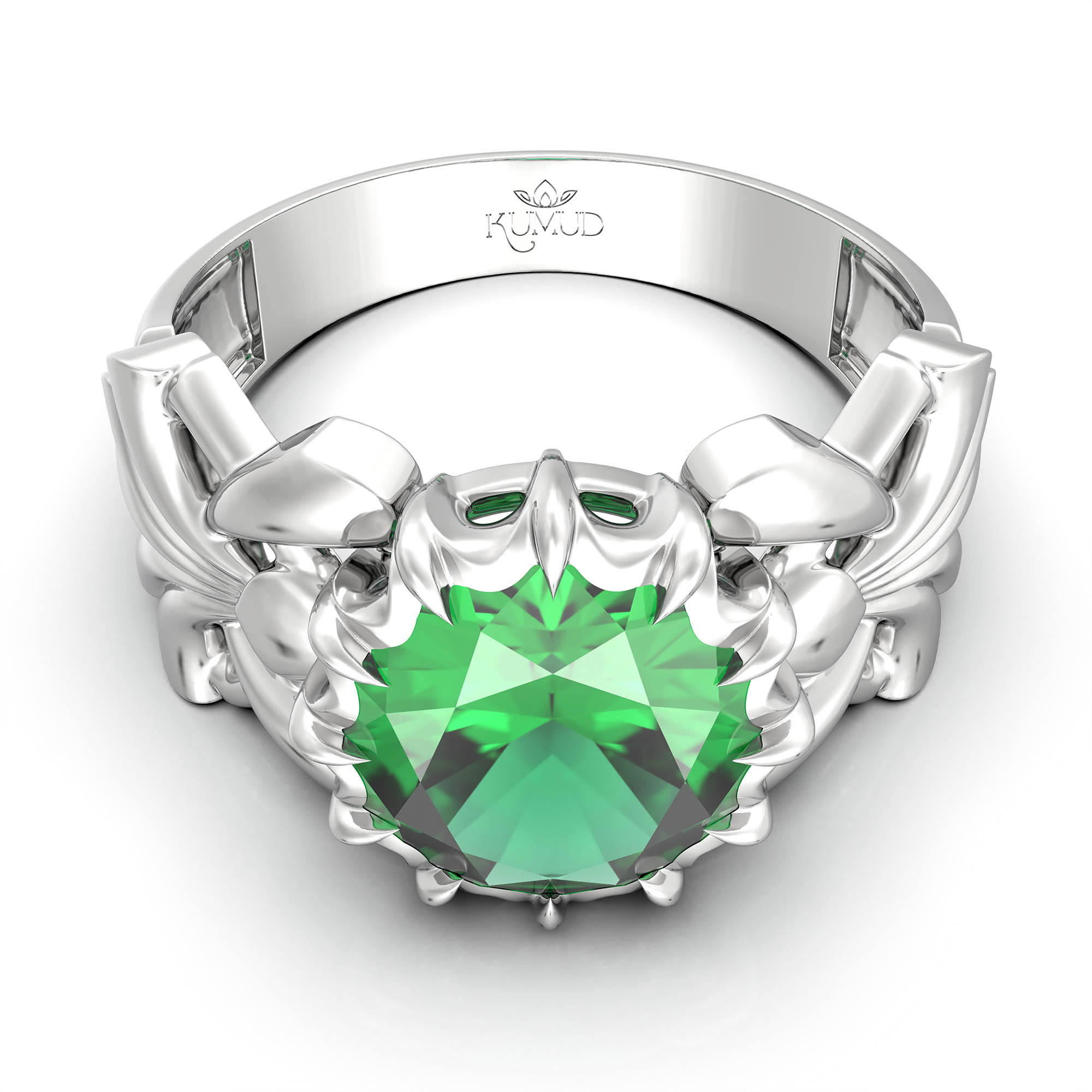Emerald (Panna) Antique Ring for Women in 18K White Gold – Oval 9x8 mm, Prong Setting, 3 g (Design KA-6) thumbnail
