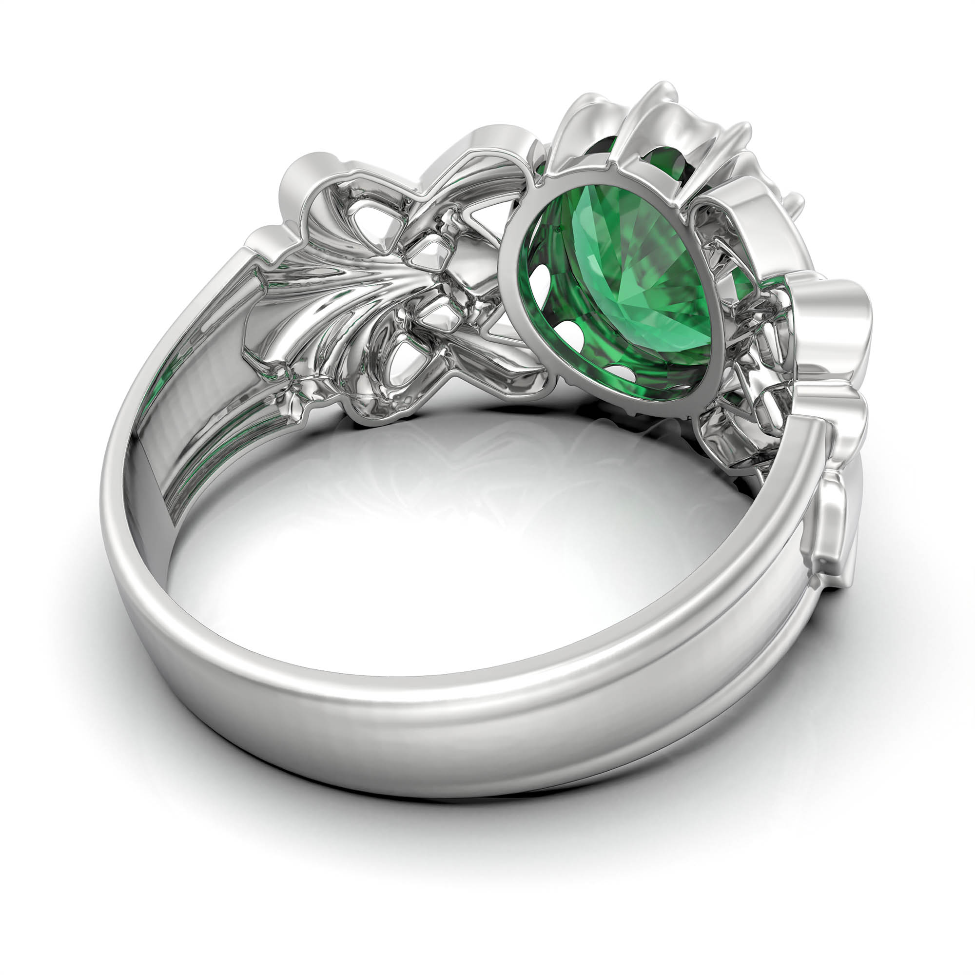 Emerald (Panna) Antique Ring for Women in 18K White Gold – Oval 9x8 mm, Prong Setting, 3 g (Design KA-6) thumbnail