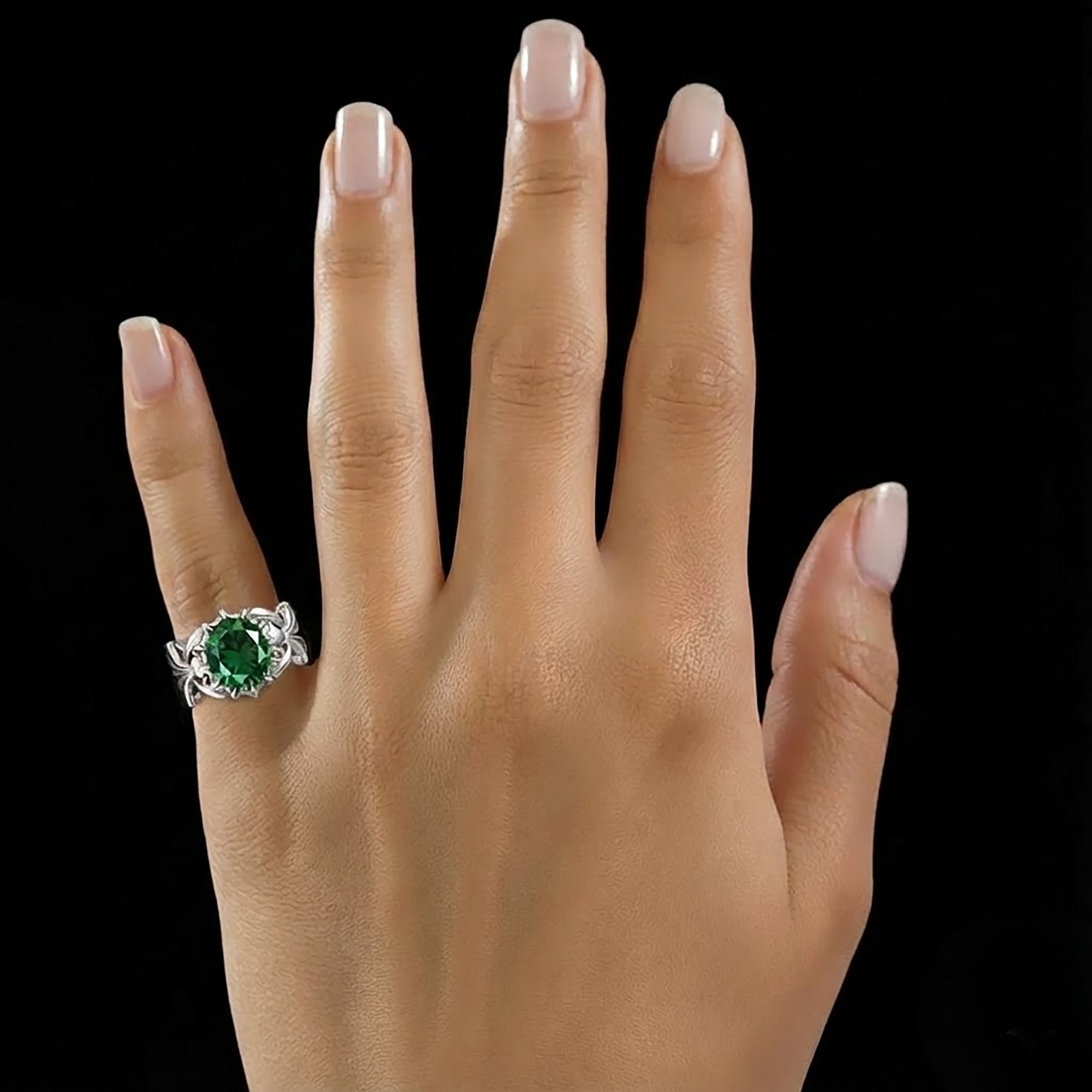 Emerald (Panna) Antique Ring for Women in 18K White Gold – Oval 9x8 mm, Prong Setting, 3 g (Design KA-6) thumbnail