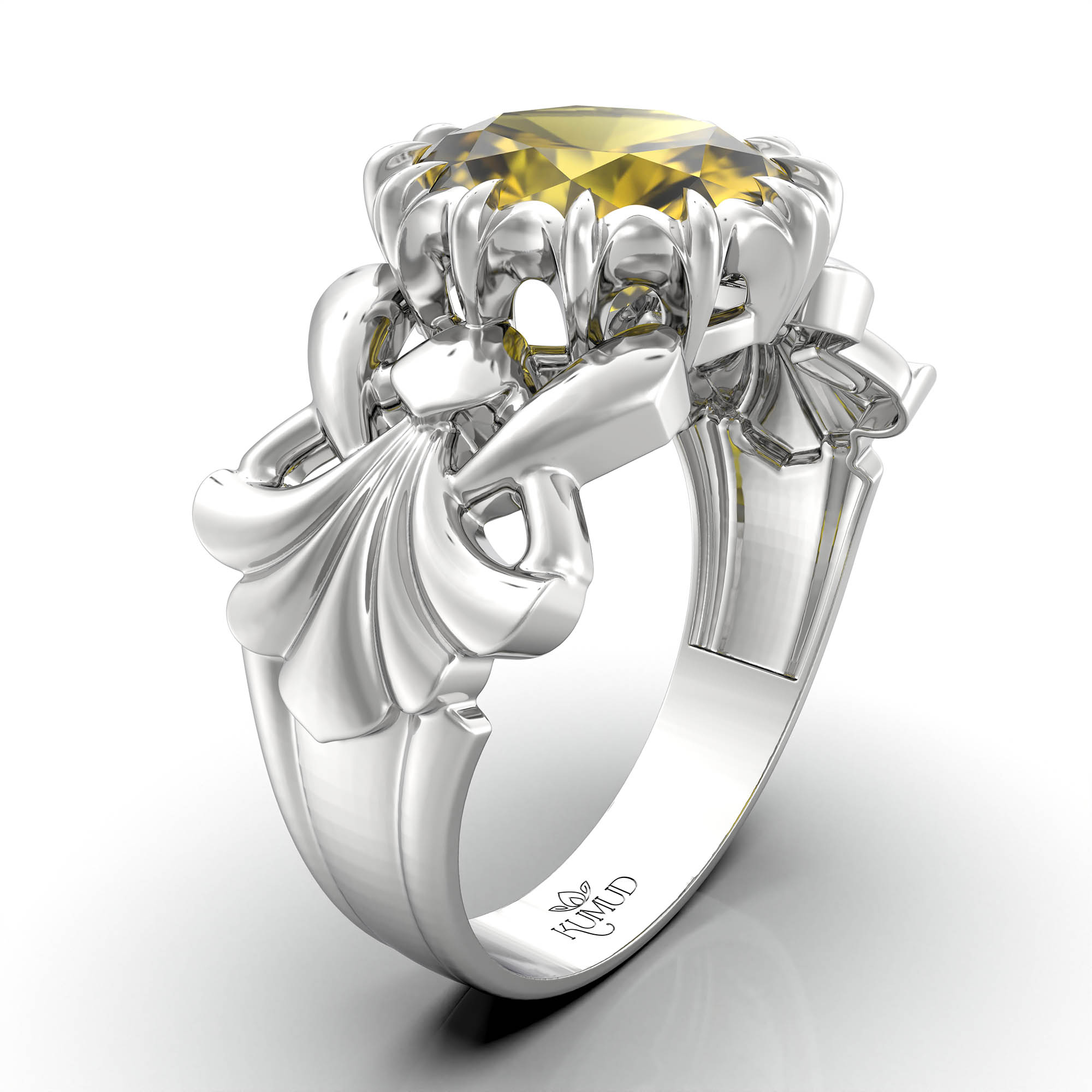 Yellow Sapphire (Pukhraj) Antique Ring for Women in 18K White Gold – Oval 9x8 mm, Prong Setting, 3 g (Design KA-6) thumbnail