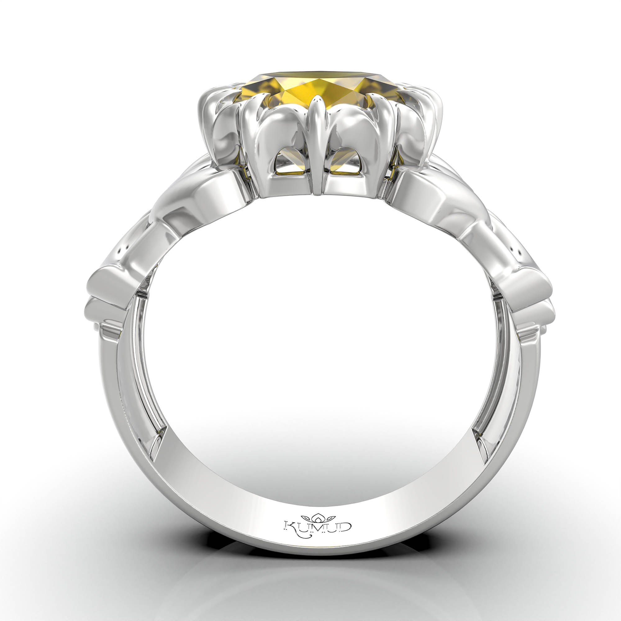 Yellow Sapphire (Pukhraj) Antique Ring for Women in 18K White Gold – Oval 9x8 mm, Prong Setting, 3 g (Design KA-6) thumbnail