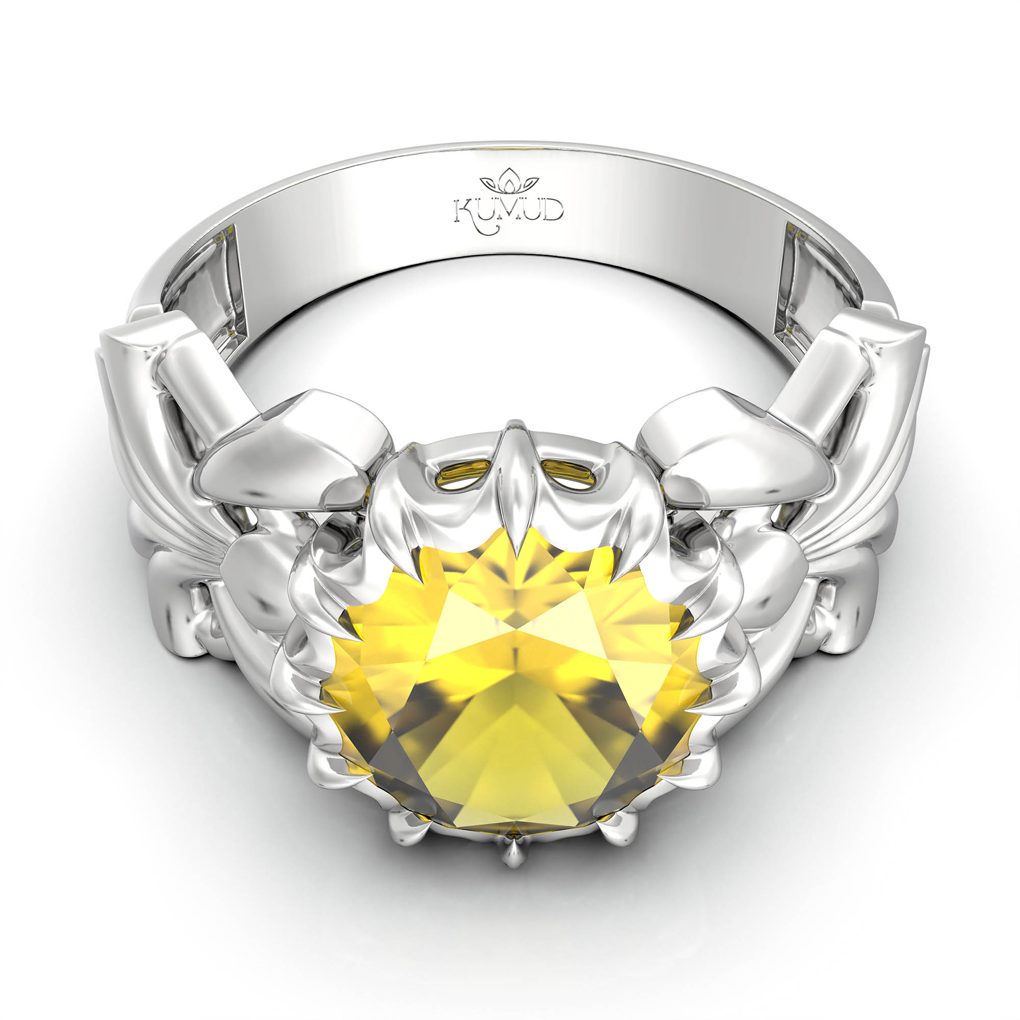 Yellow Sapphire (Pukhraj) Antique Ring for Women in 18K White Gold – Oval 9x8 mm, Prong Setting, 3 g (Design KA-6) thumbnail