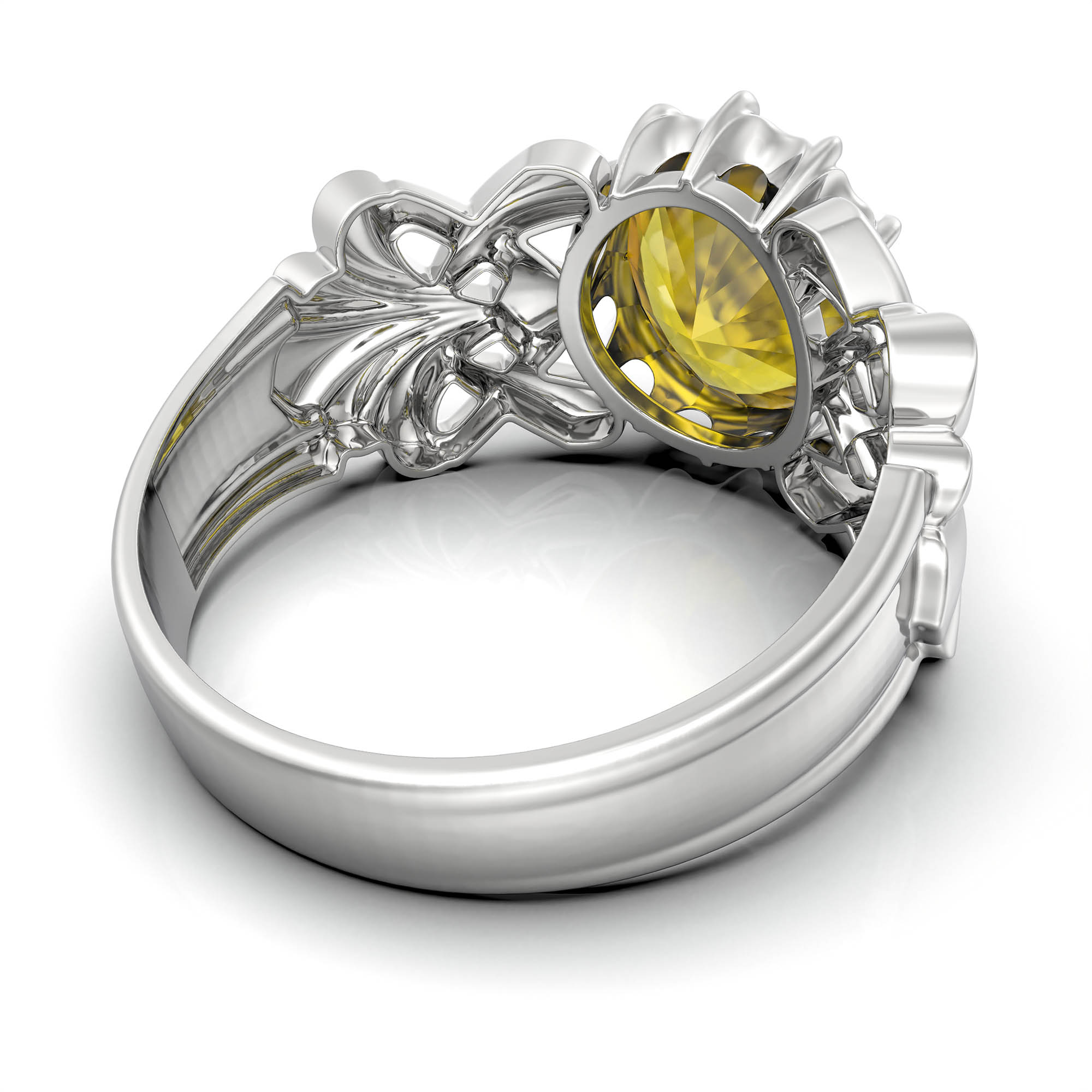 Yellow Sapphire (Pukhraj) Antique Ring for Women in 18K White Gold – Oval 9x8 mm, Prong Setting, 3 g (Design KA-6) thumbnail