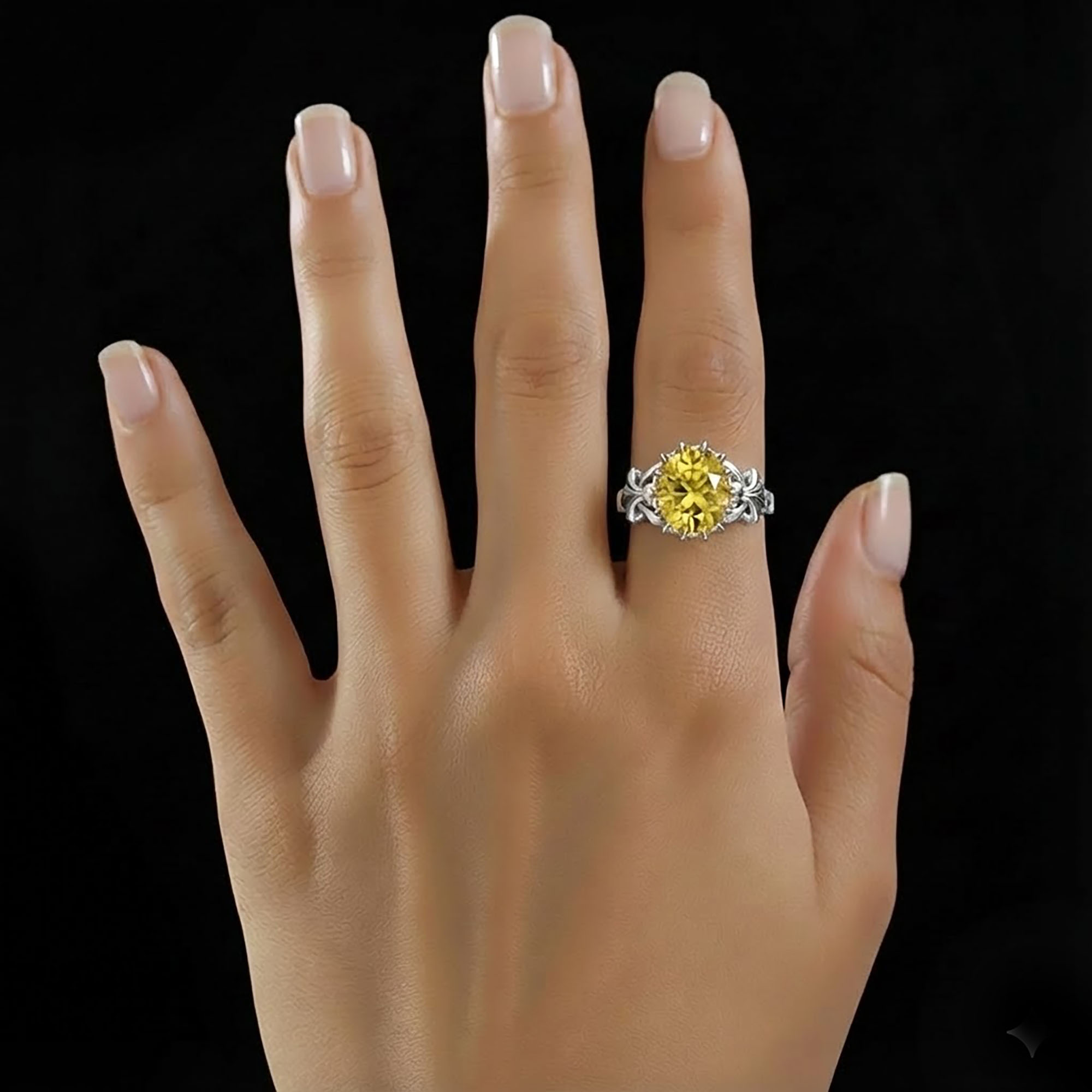 Yellow Sapphire (Pukhraj) Antique Ring for Women in 18K White Gold – Oval 9x8 mm, Prong Setting, 3 g (Design KA-6) thumbnail
