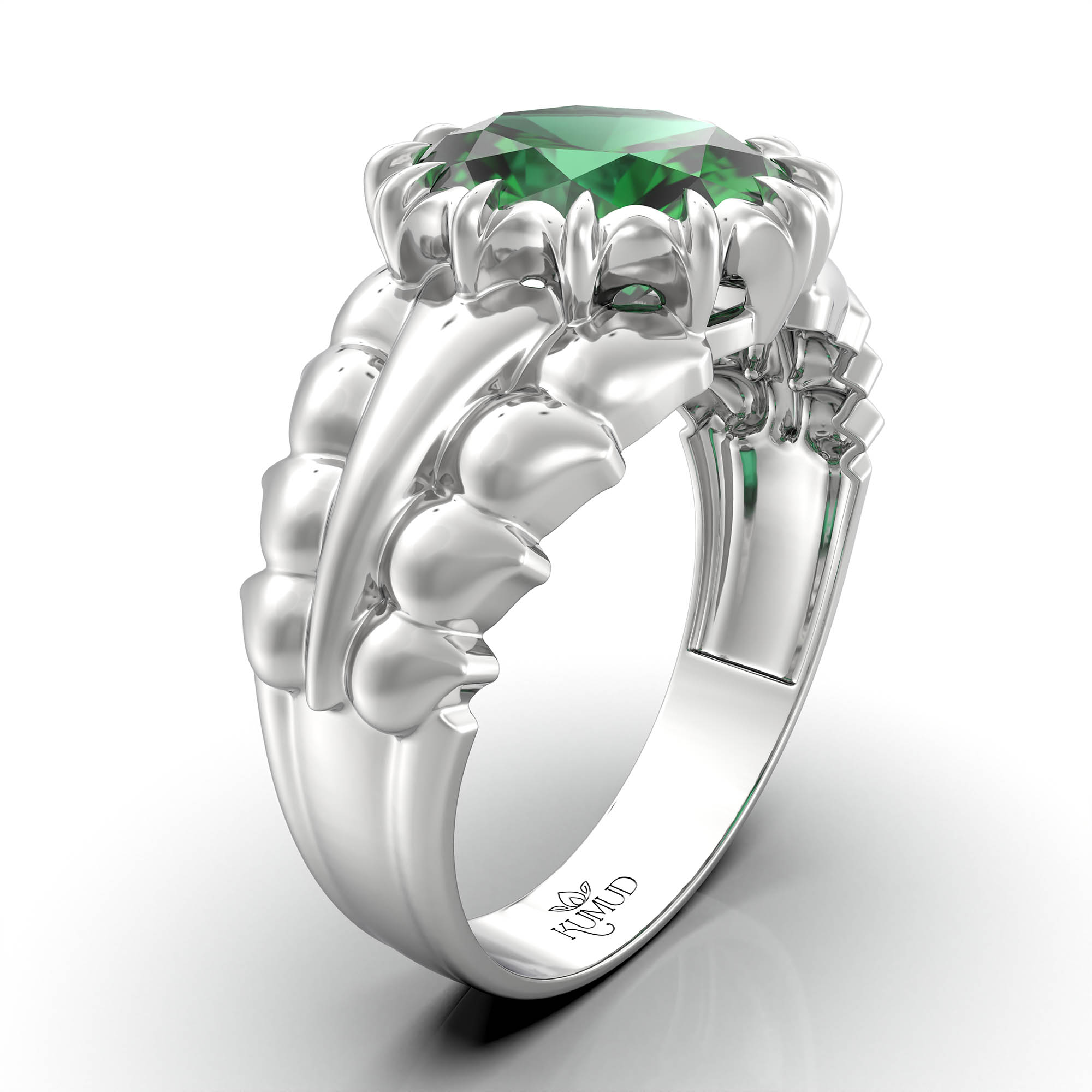 Emerald (Panna) Antique Ring for Women in 18K White Gold – Oval 9x8 mm, Prong Setting, 3 g (Design KA-7) thumbnail