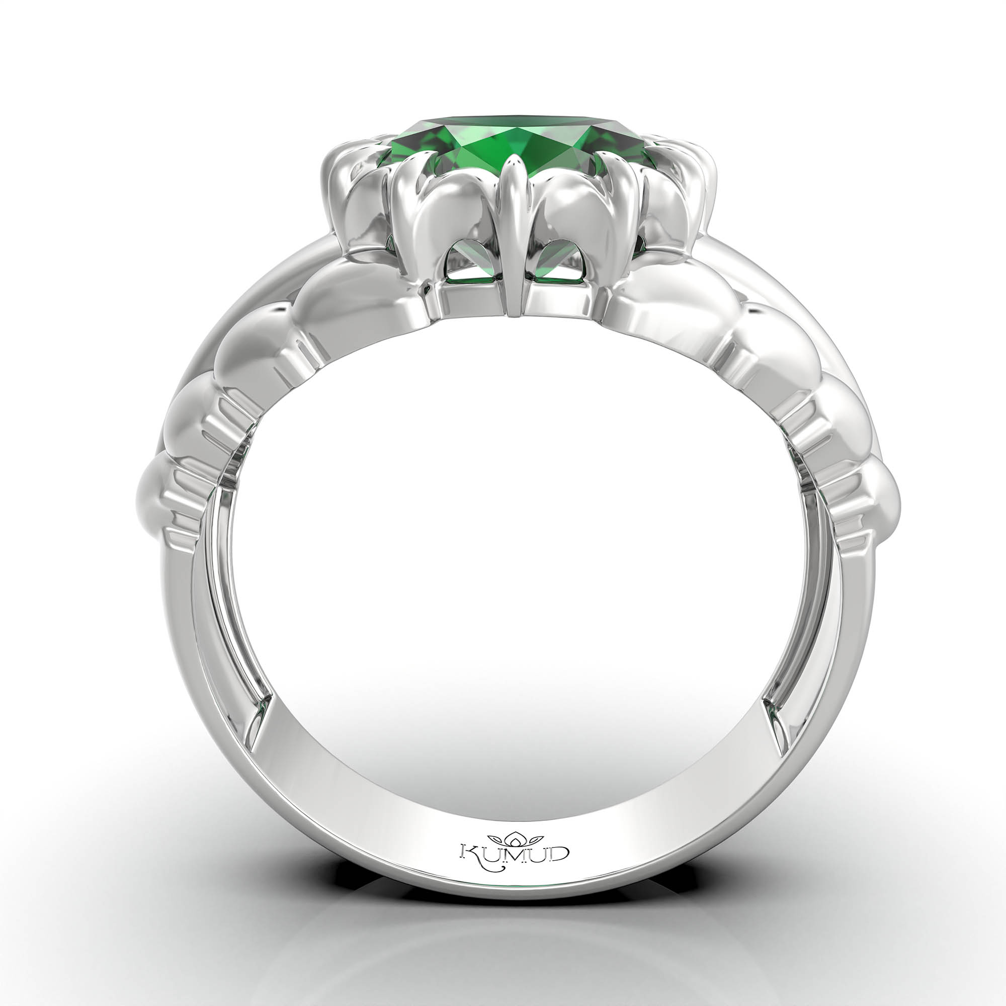 Emerald (Panna) Antique Ring for Women in 18K White Gold – Oval 9x8 mm, Prong Setting, 3 g (Design KA-7) thumbnail