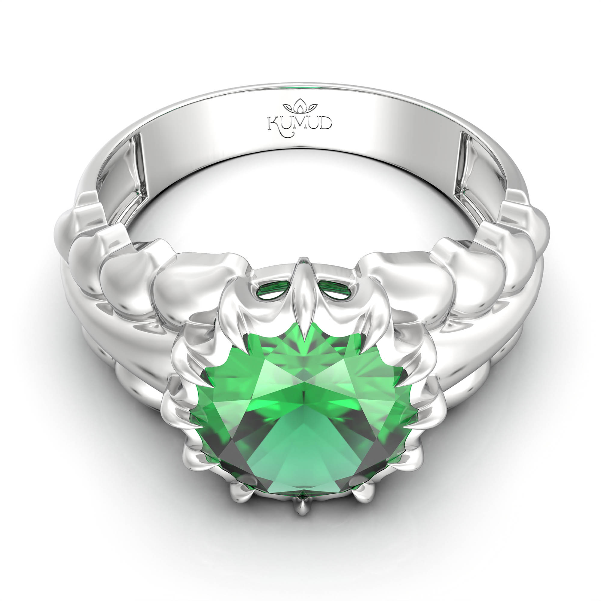 Emerald (Panna) Antique Ring for Women in 18K White Gold – Oval 9x8 mm, Prong Setting, 3 g (Design KA-7) thumbnail