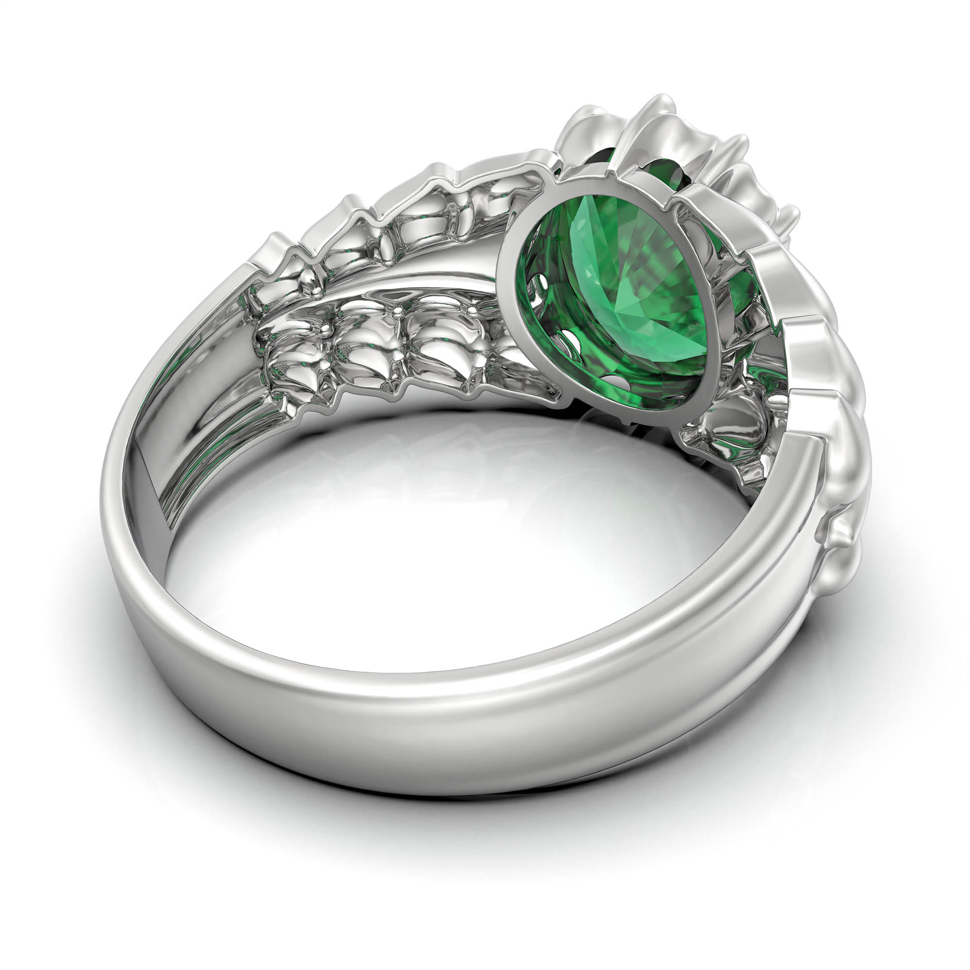Emerald (Panna) Antique Ring for Women in 18K White Gold – Oval 9x8 mm, Prong Setting, 3 g (Design KA-7) thumbnail