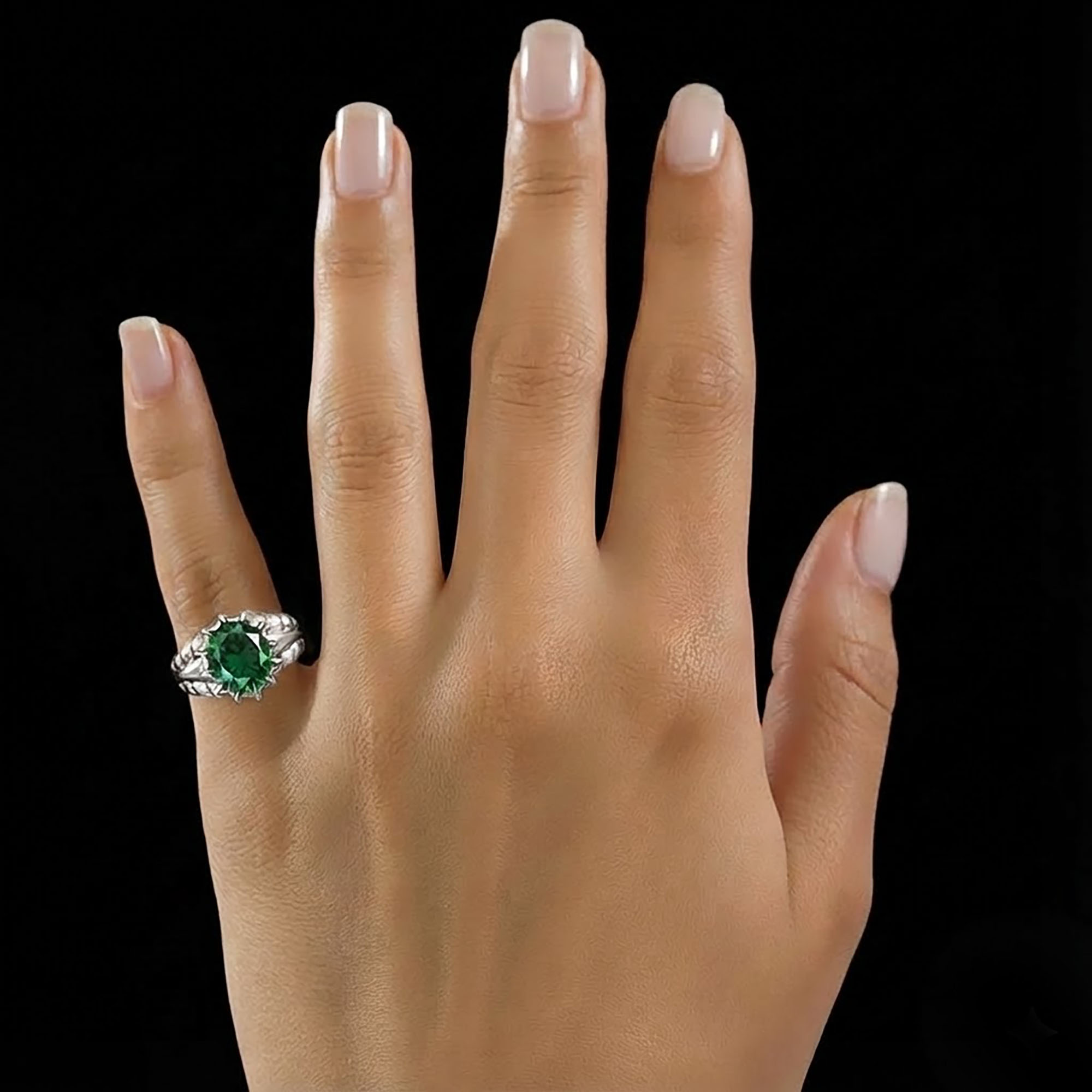 Emerald (Panna) Antique Ring for Women in 18K White Gold – Oval 9x8 mm, Prong Setting, 3 g (Design KA-7) thumbnail