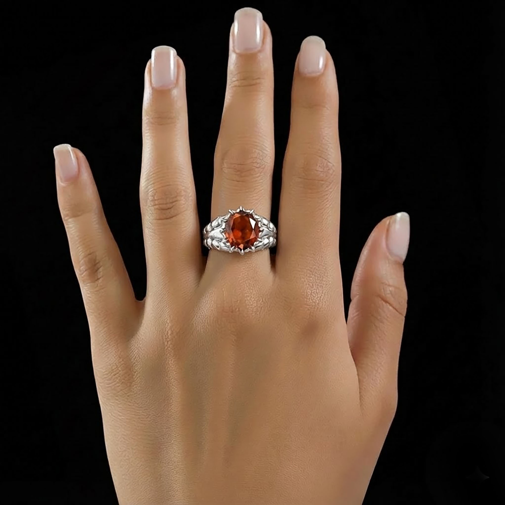 Hessonite (Gomed) Ring for Women in 925 Sterling Silver – Oval 9x8 mm, Prong Setting, 1.8 g (Design KA-7) thumbnail