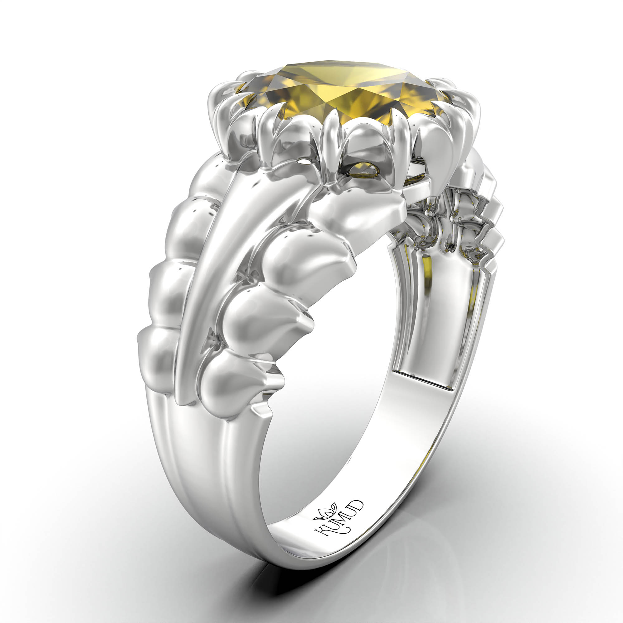 Yellow Sapphire (Pukhraj) Antique Ring for Women in 18K White Gold – Oval 9x8 mm, Prong Setting, 3 g (Design KA-7) thumbnail