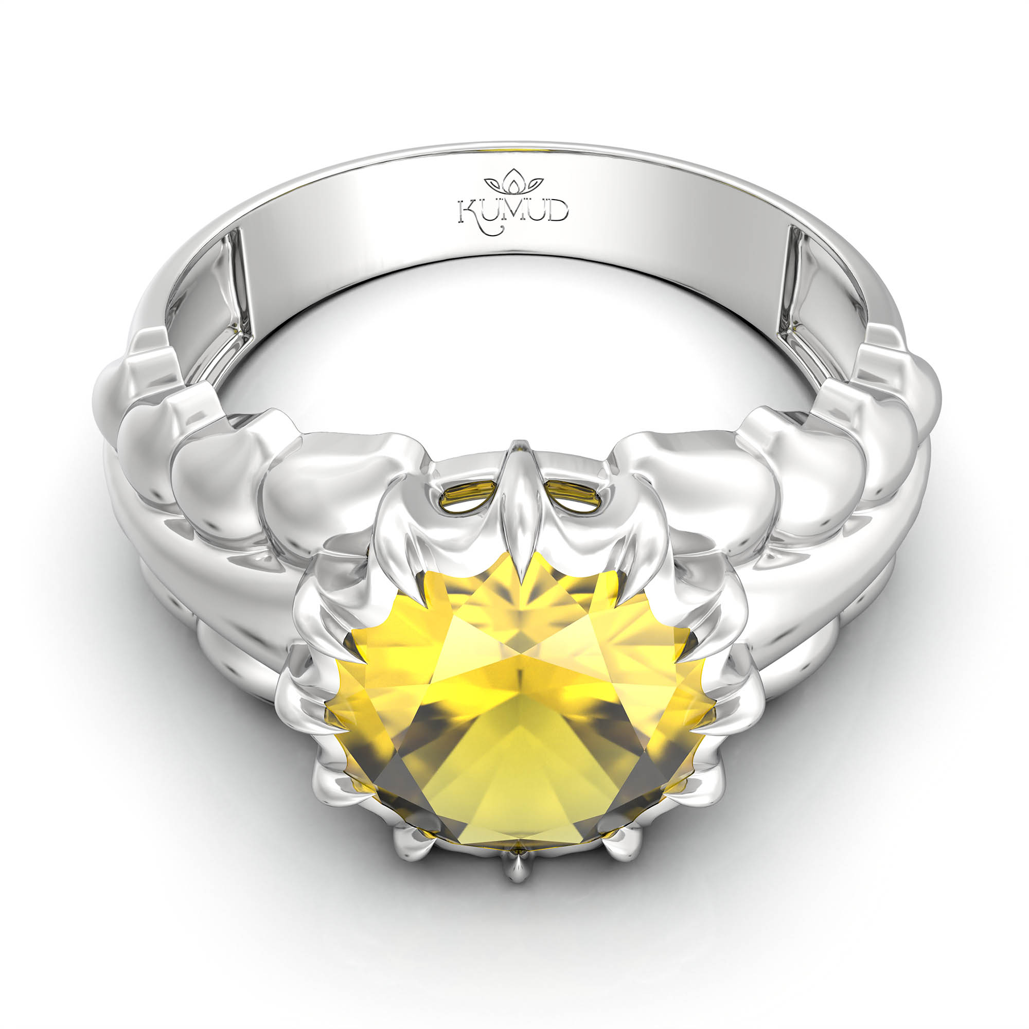 Yellow Sapphire (Pukhraj) Antique Ring for Women in 18K White Gold – Oval 9x8 mm, Prong Setting, 3 g (Design KA-7) thumbnail