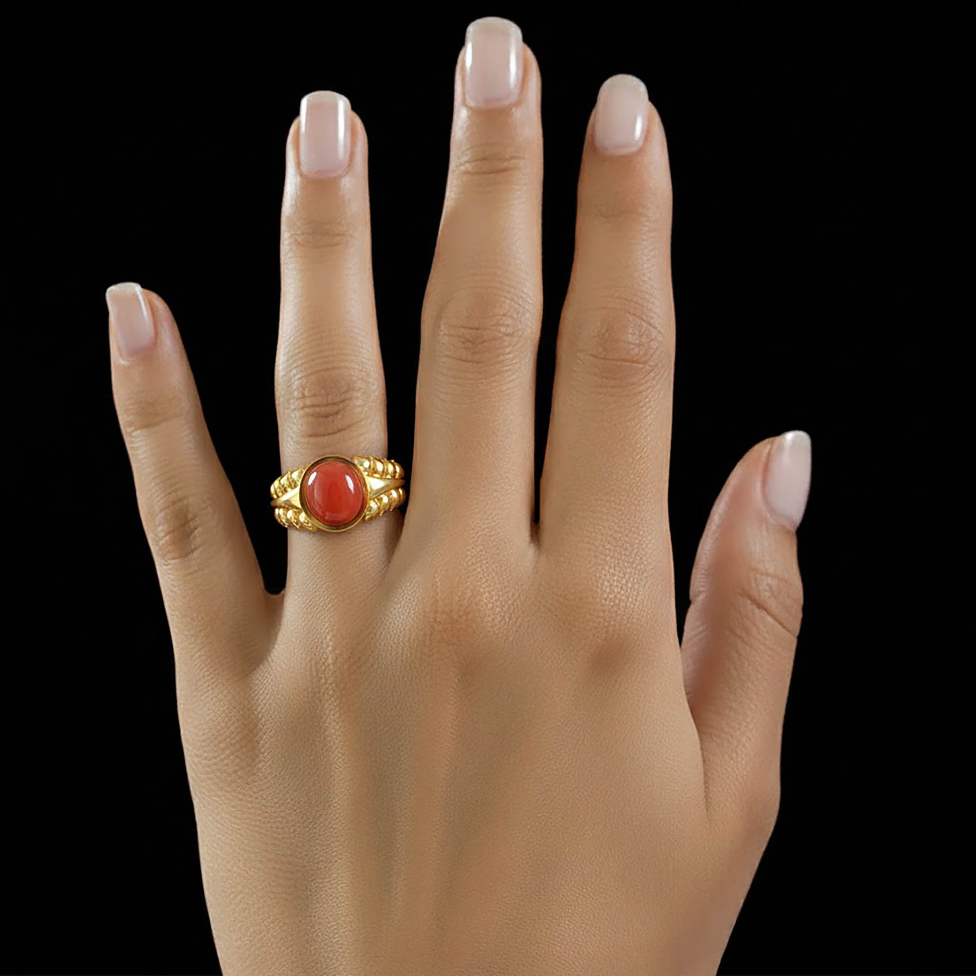Red Coral (Moonga) Antique Ring for Women in 22K Yellow Gold – Oval Cabochon 9x8 mm, Bezel Setting, 4 g (Design KA-7) thumbnail