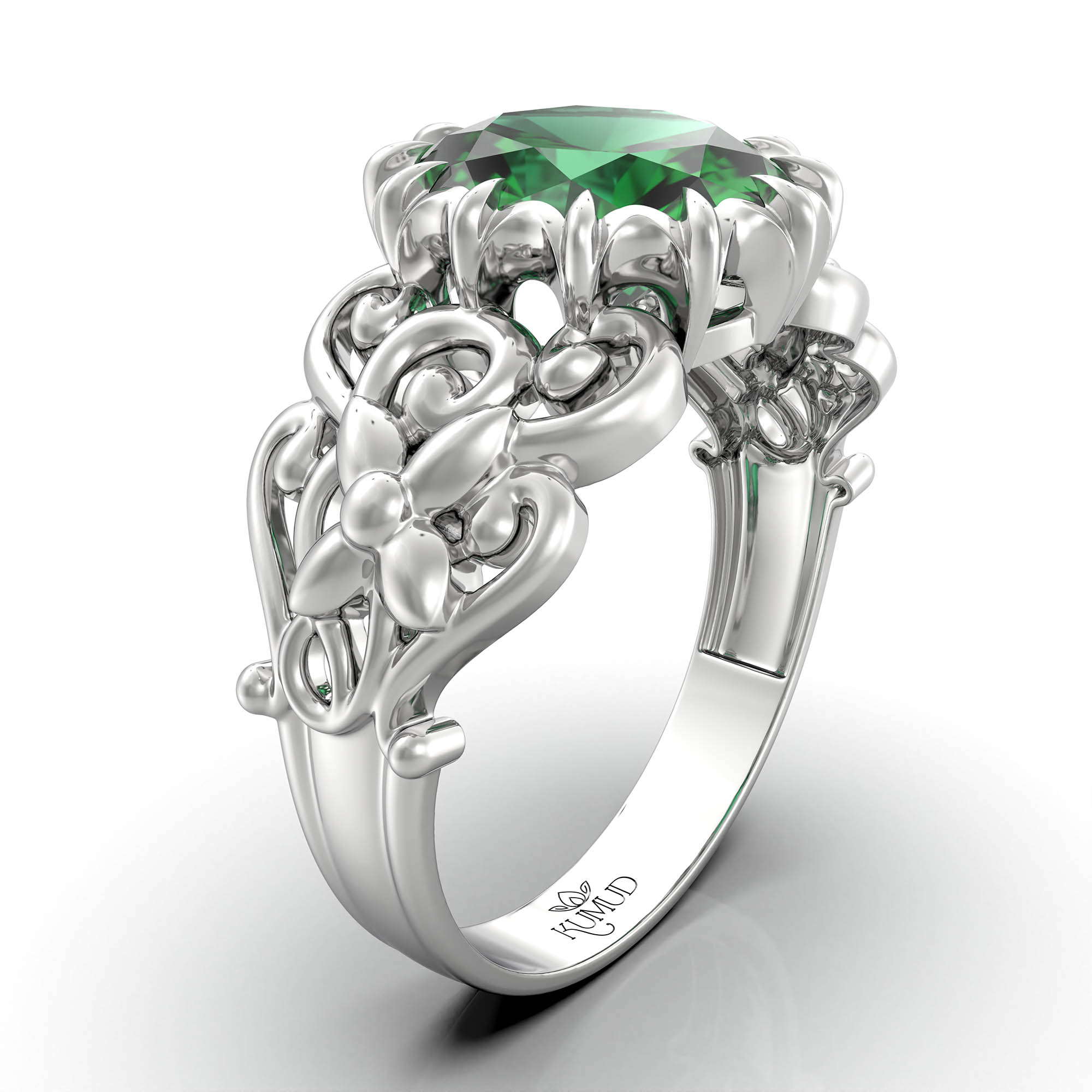 Emerald (Panna) Antique Ring for Women in 18K White Gold – Oval 9x8 mm, Prong Setting, 3 g (Design KA-8) thumbnail