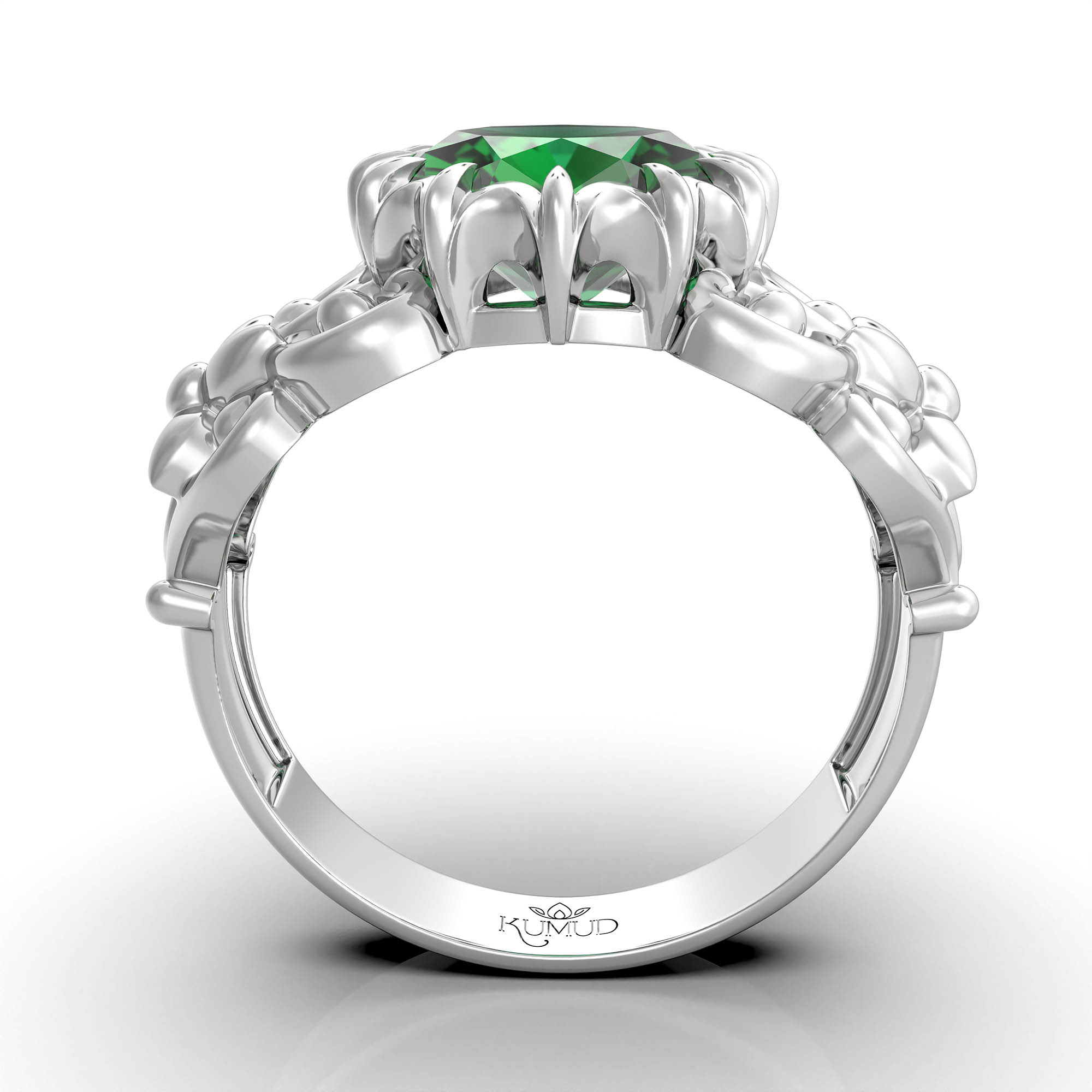 Emerald (Panna) Antique Ring for Women in 18K White Gold – Oval 9x8 mm, Prong Setting, 3 g (Design KA-8) thumbnail