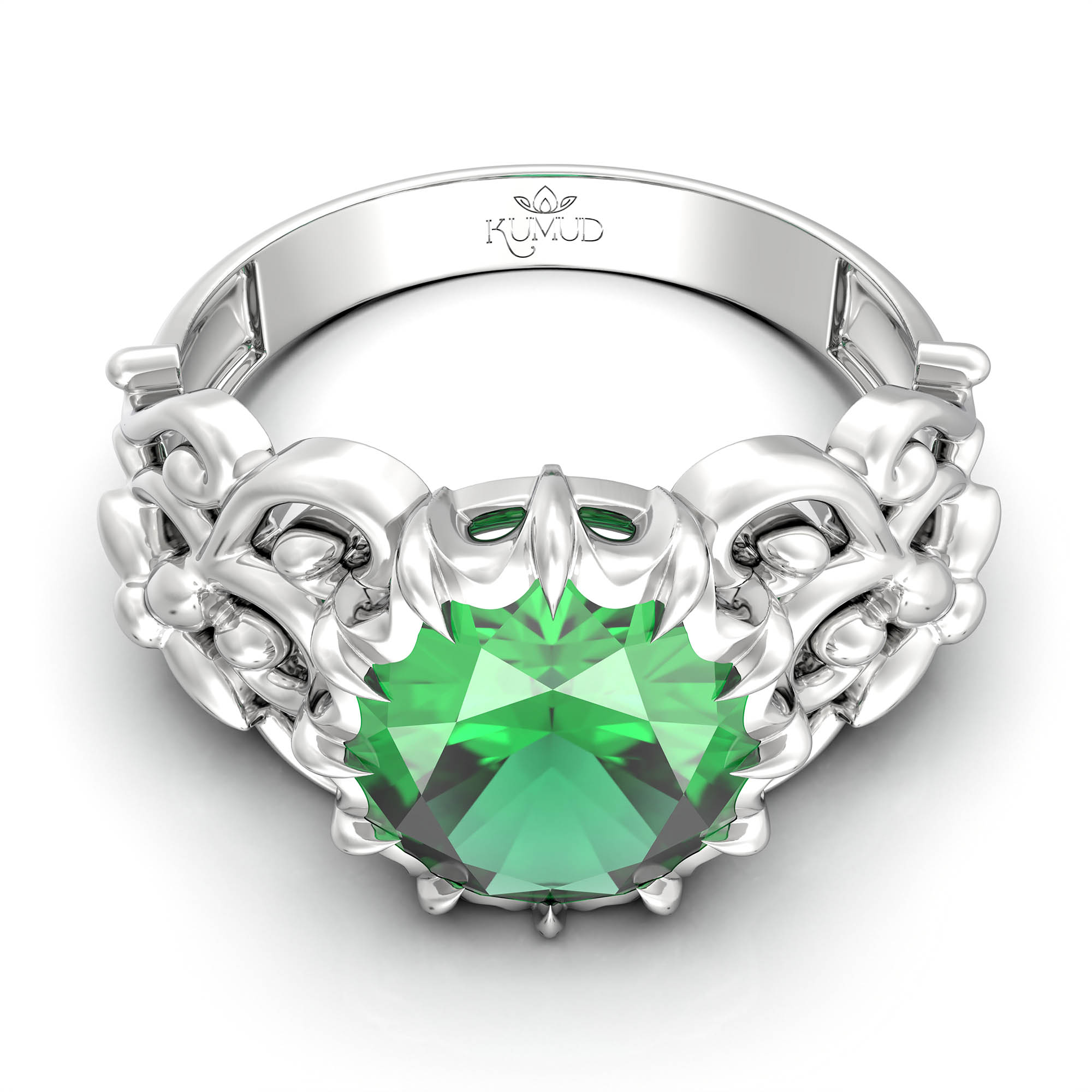 Emerald (Panna) Antique Ring for Women in 18K White Gold – Oval 9x8 mm, Prong Setting, 3 g (Design KA-8) thumbnail