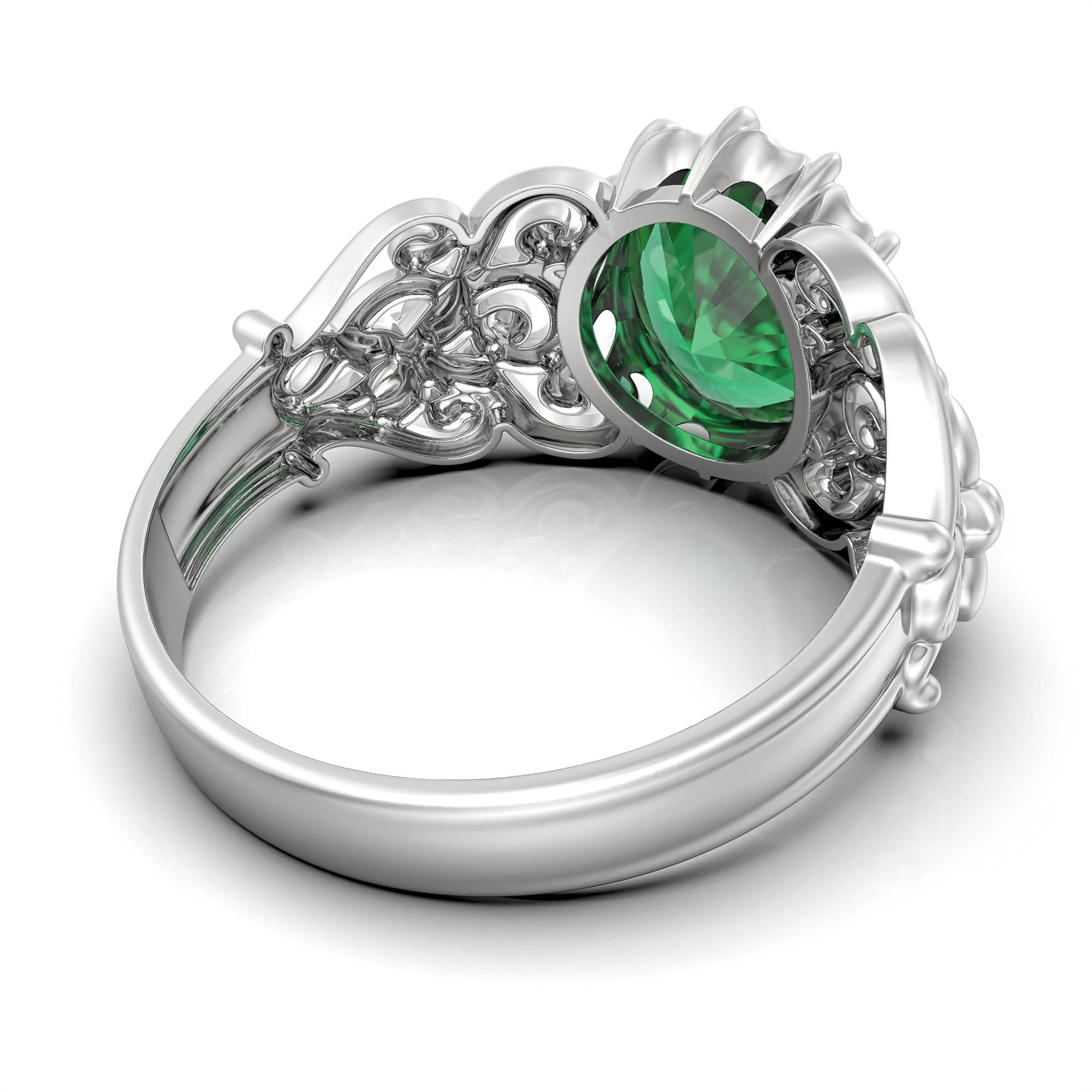Emerald (Panna) Antique Ring for Women in 18K White Gold – Oval 9x8 mm, Prong Setting, 3 g (Design KA-8) thumbnail