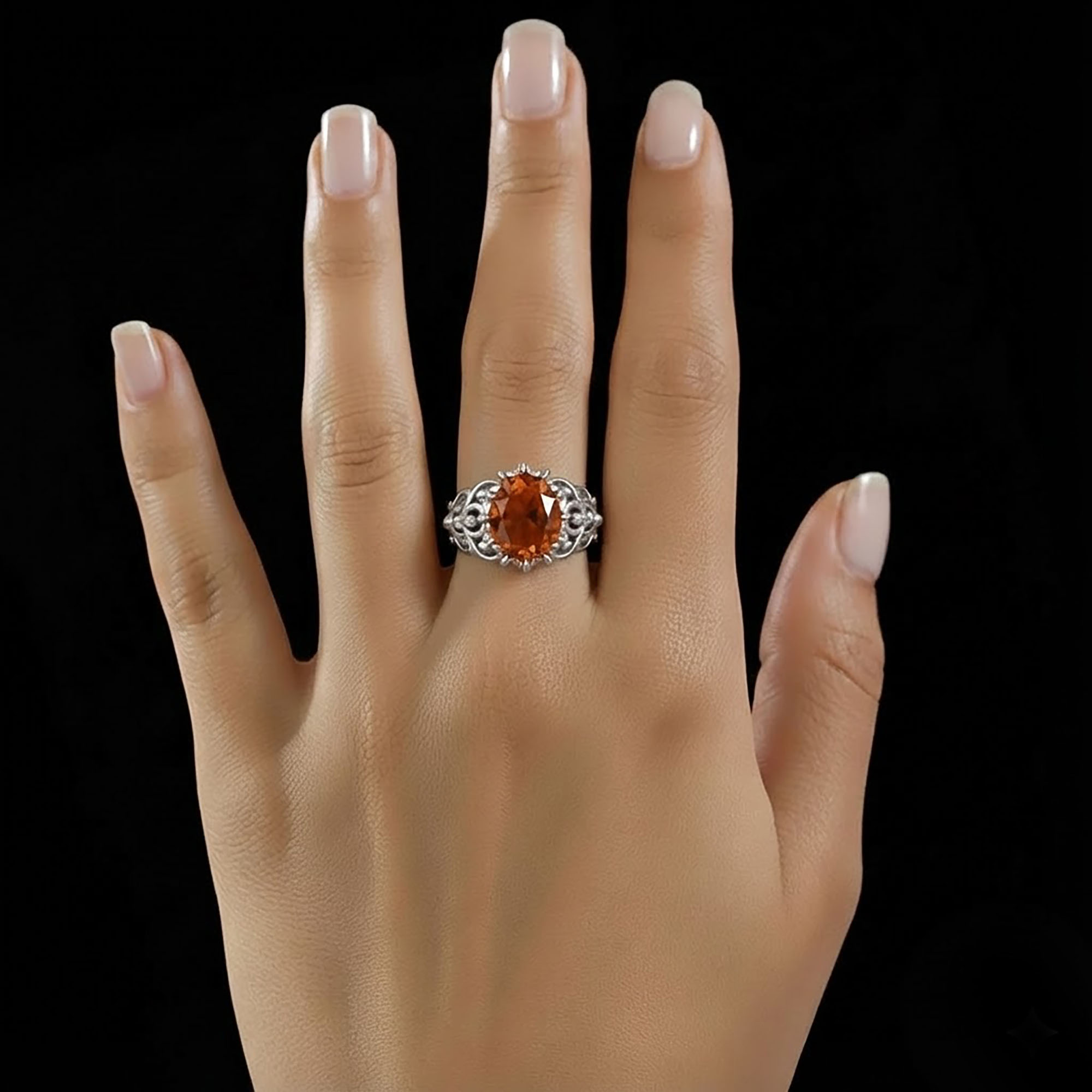 Hessonite (Gomed) Ring for Women in 925 Sterling Silver – Oval 9x8 mm, Prong Setting, 1.8 g (Design KA-8) thumbnail