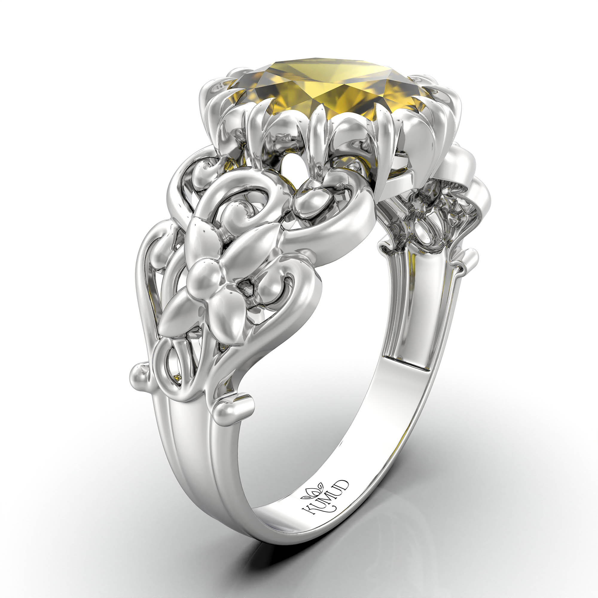 Yellow Sapphire (Pukhraj) Antique Ring for Women in 18K White Gold – Oval 9x8 mm, Prong Setting, 3 g (Design KA-8) thumbnail