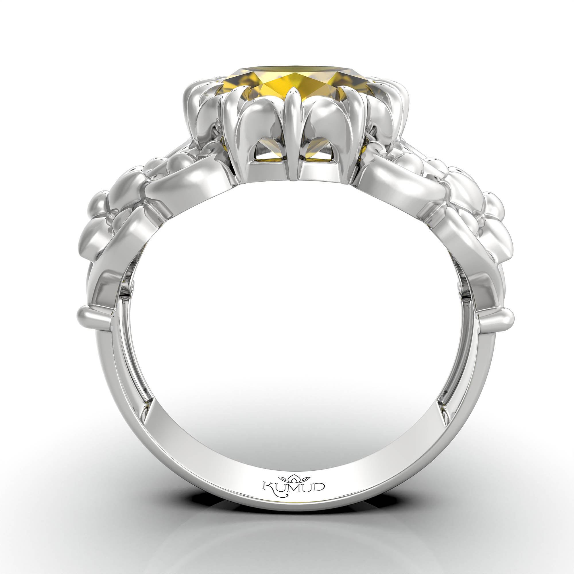 Yellow Sapphire (Pukhraj) Antique Ring for Women in 18K White Gold – Oval 9x8 mm, Prong Setting, 3 g (Design KA-8) thumbnail