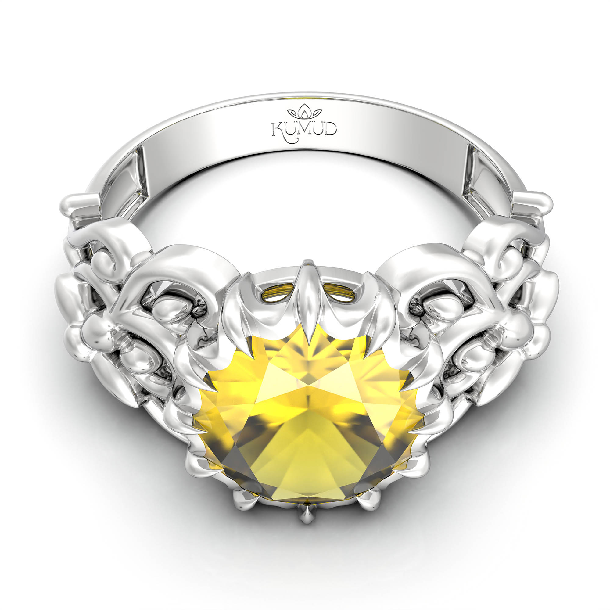 Yellow Sapphire (Pukhraj) Antique Ring for Women in 18K White Gold – Oval 9x8 mm, Prong Setting, 3 g (Design KA-8) thumbnail